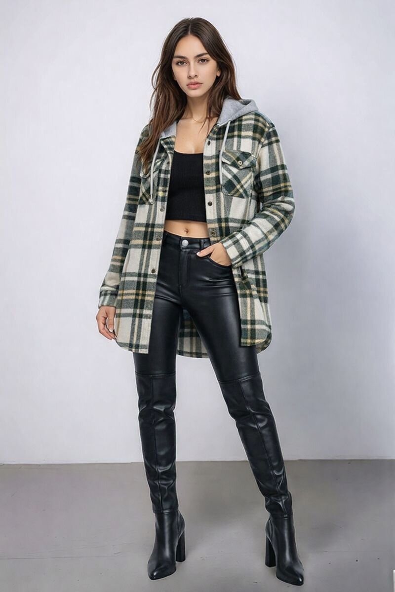 Kadın Desen Bloklu Oduncu Oversize Geniş Kalıp Casual Cepli Kapüşonlu Uzun Boy Ceket Gömlek