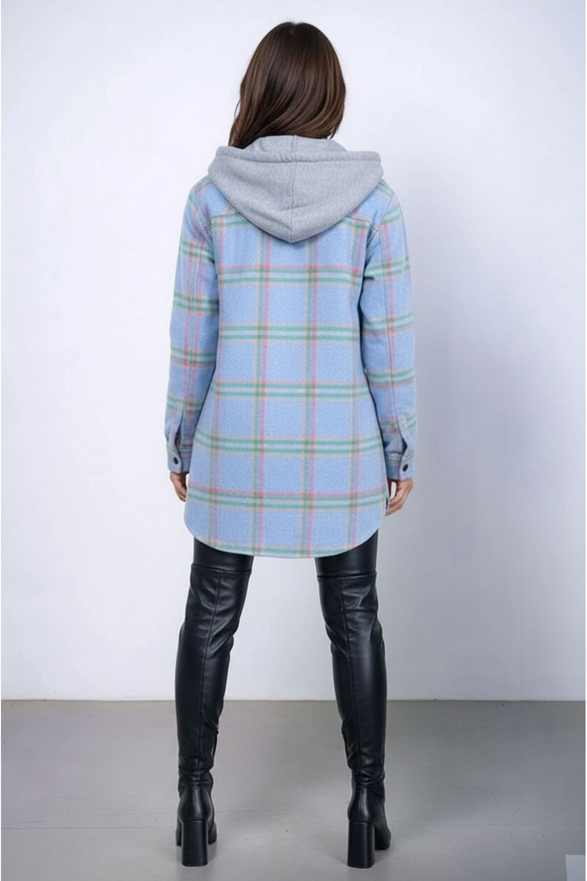 Kadın Desen Bloklu Oduncu Oversize Geniş Kalıp Casual Cepli Kapüşonlu Uzun Boy Ceket Gömlek