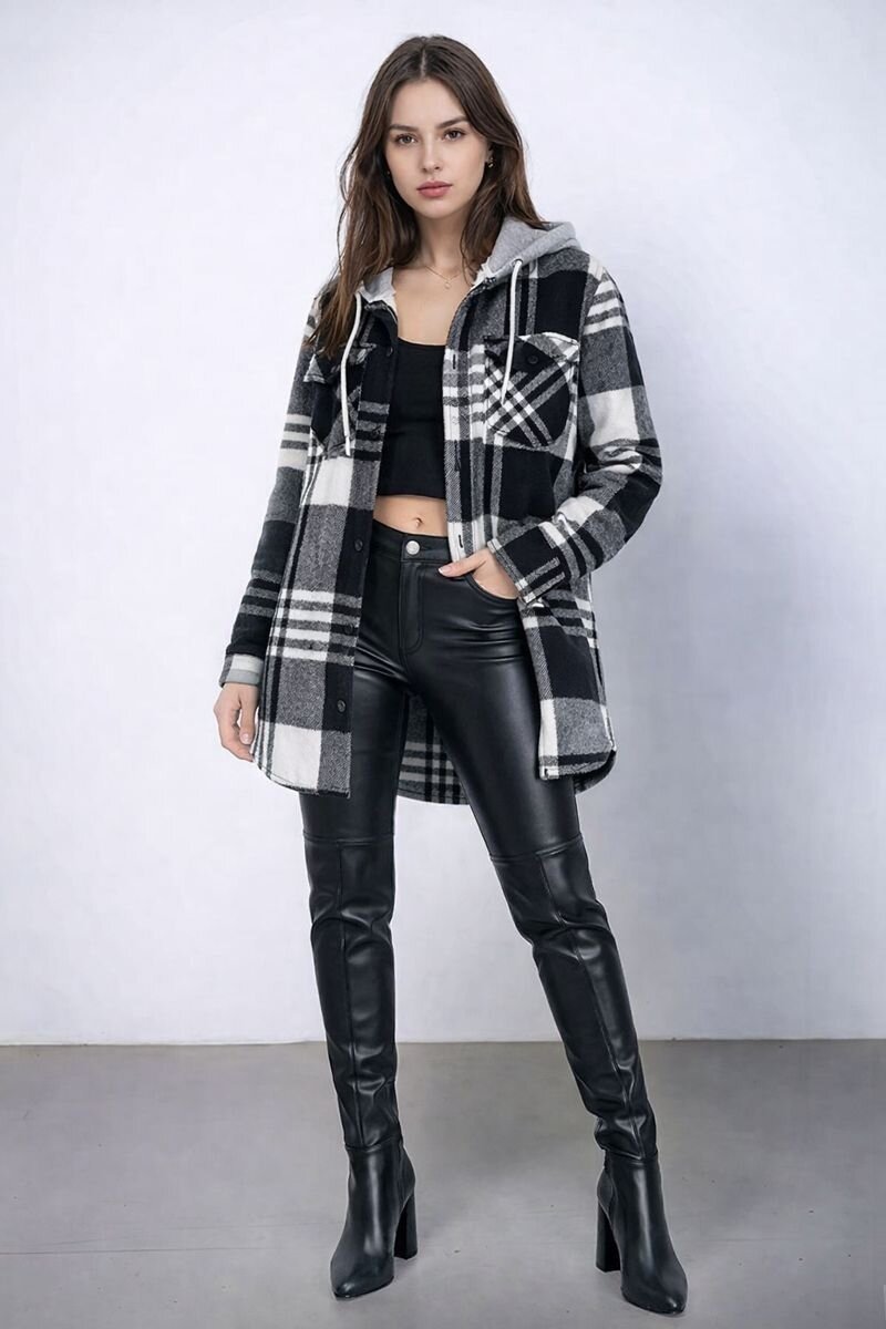 Kadın Desen Bloklu Oduncu Oversize Geniş Kalıp Casual Cepli Kapüşonlu Uzun Boy Ceket Gömlek