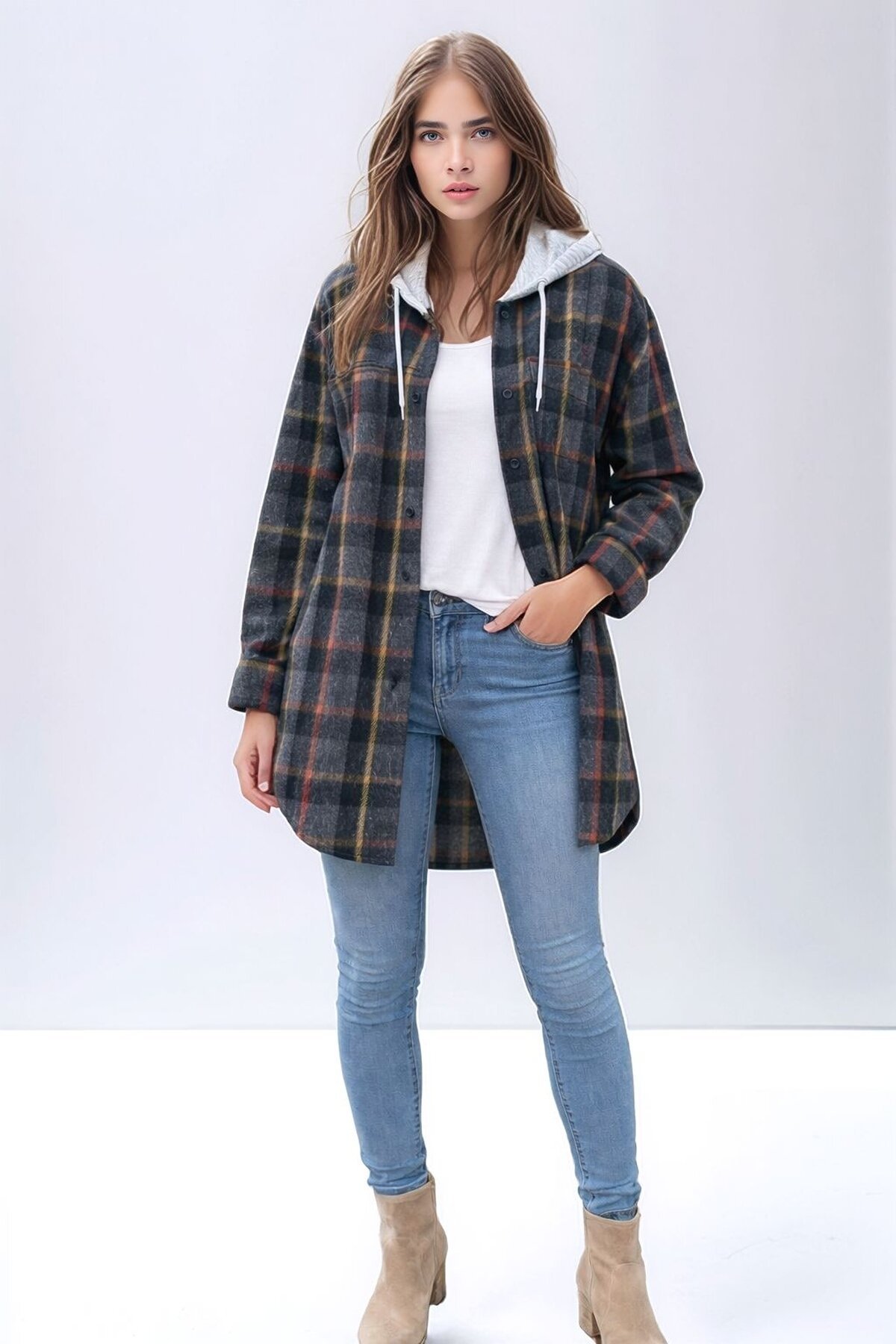 Kadın Desen Bloklu Oduncu Oversize Geniş Kalıp Casual Cepli Kapüşonlu Uzun Boy Ceket Gömlek