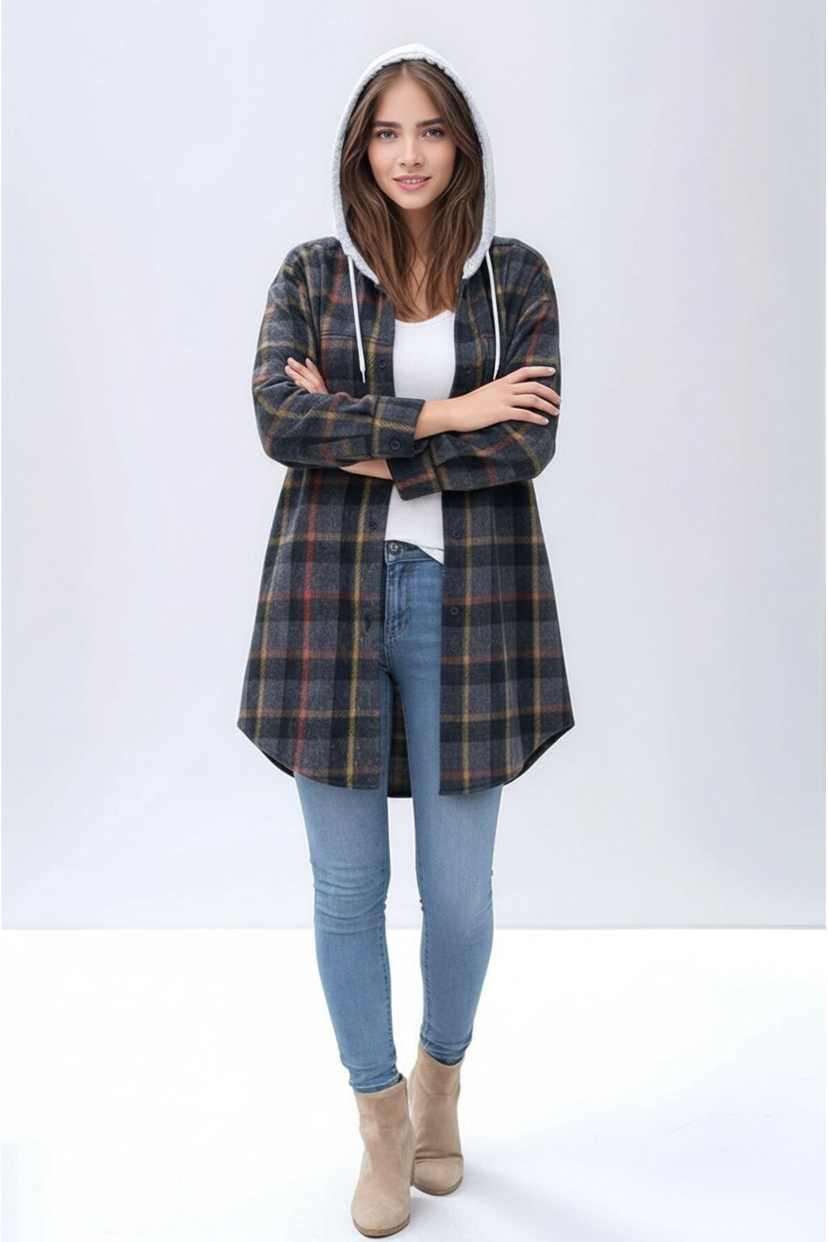 Kadın Desen Bloklu Oduncu Oversize Geniş Kalıp Casual Cepli Kapüşonlu Uzun Boy Ceket Gömlek