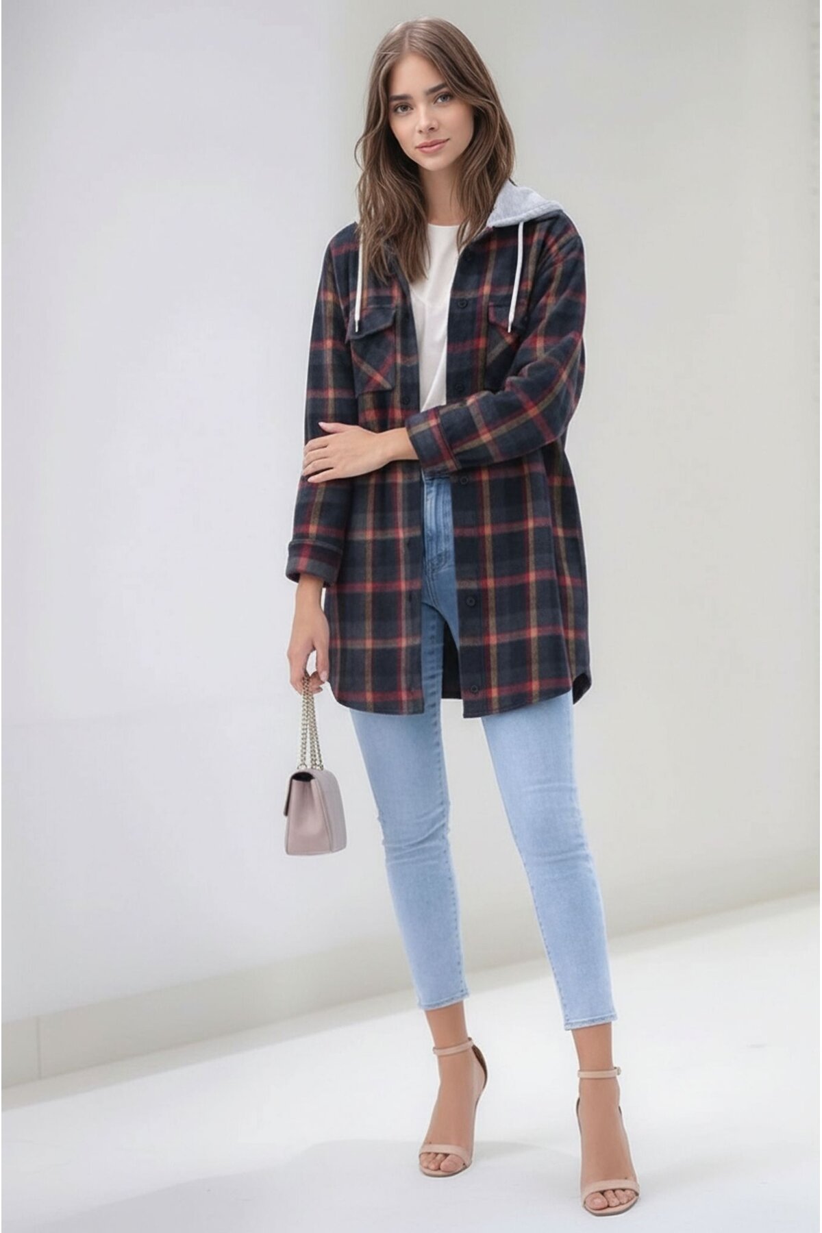 Kadın Desen Bloklu Oduncu Oversize Geniş Kalıp Casual Cepli Kapüşonlu Uzun Boy Ceket Gömlek