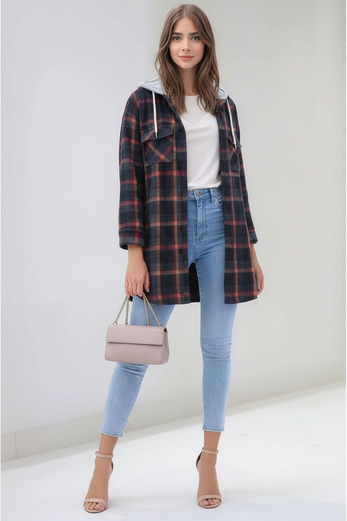 Kadın Desen Bloklu Oduncu Oversize Geniş Kalıp Casual Cepli Kapüşonlu Uzun Boy Ceket Gömlek