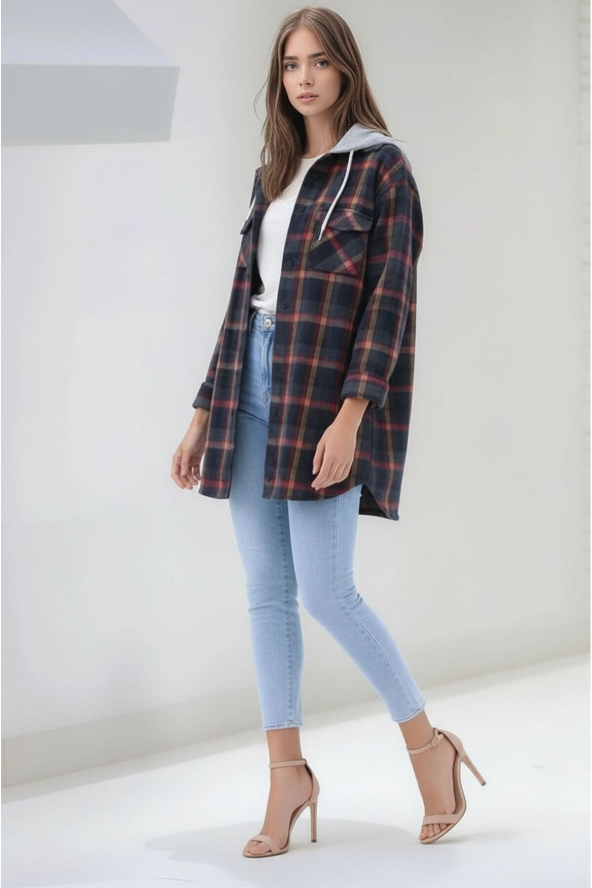 Kadın Desen Bloklu Oduncu Oversize Geniş Kalıp Casual Cepli Kapüşonlu Uzun Boy Ceket Gömlek