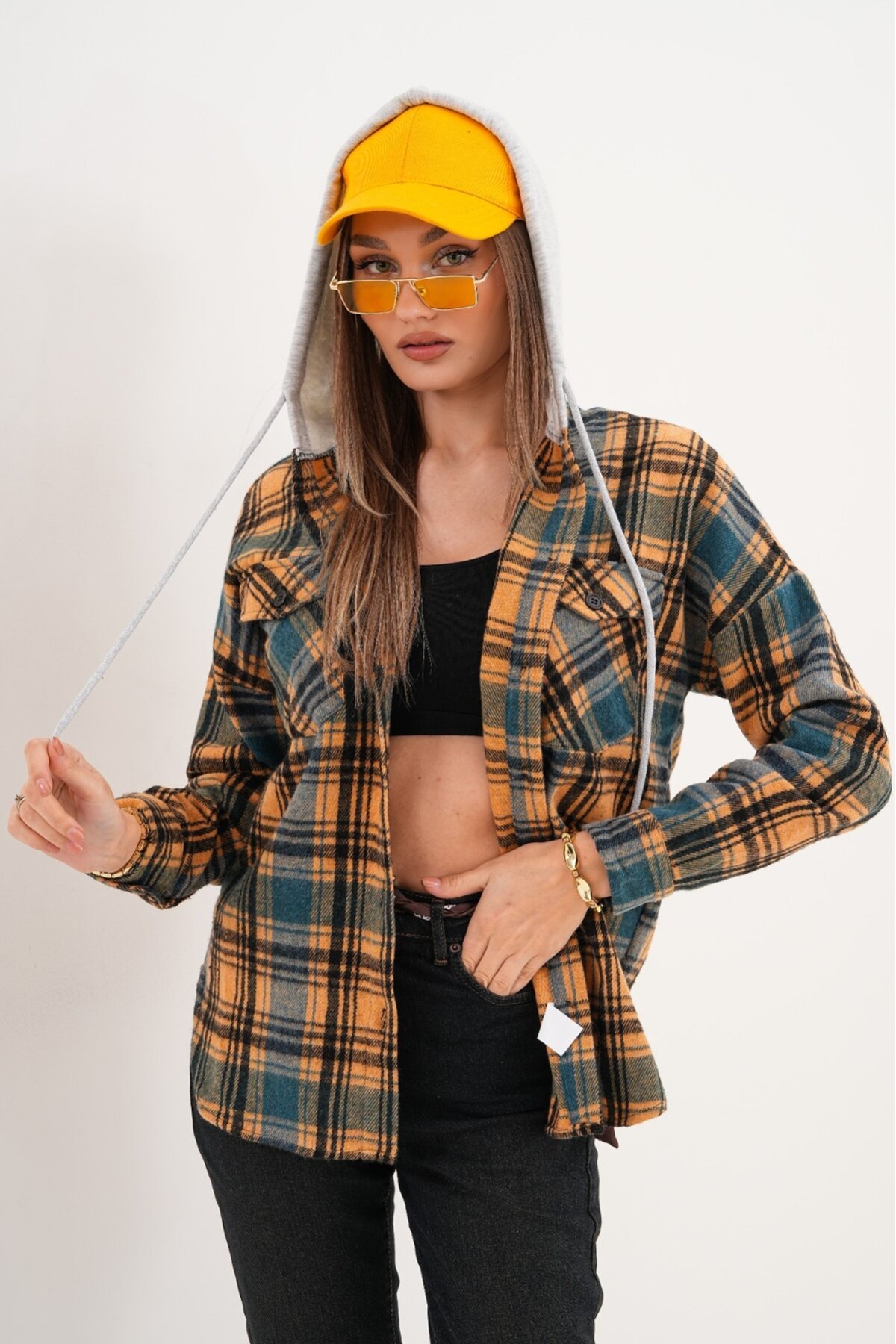 Kadın Desenli Renkli Oduncu Oversize Bol ve Geniş Kalıp Casual Çift Kapüşonlu Ceket Gömlek