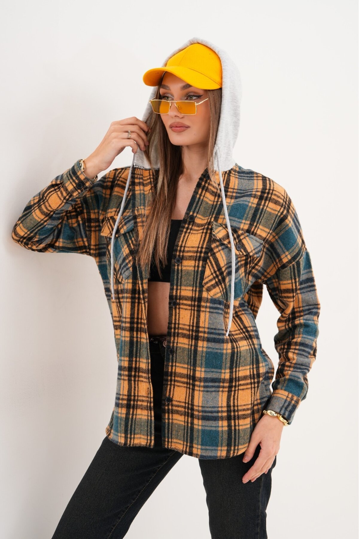 Kadın Desenli Renkli Oduncu Oversize Bol ve Geniş Kalıp Casual Çift Kapüşonlu Ceket Gömlek