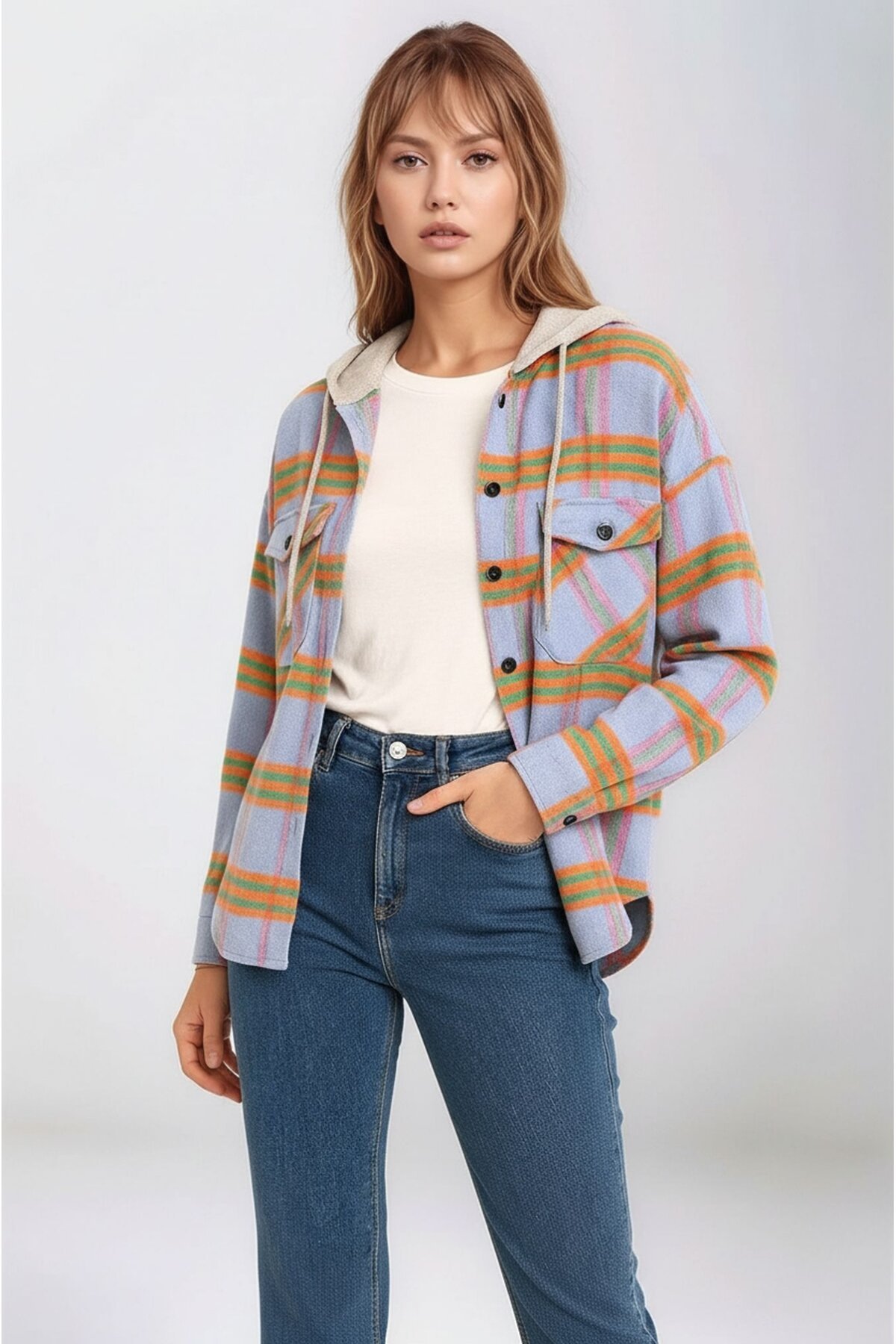 Kadın Desenli Renkli Oduncu Oversize Bol ve Geniş Kalıp Casual Çift Kapüşonlu Ceket Gömlek