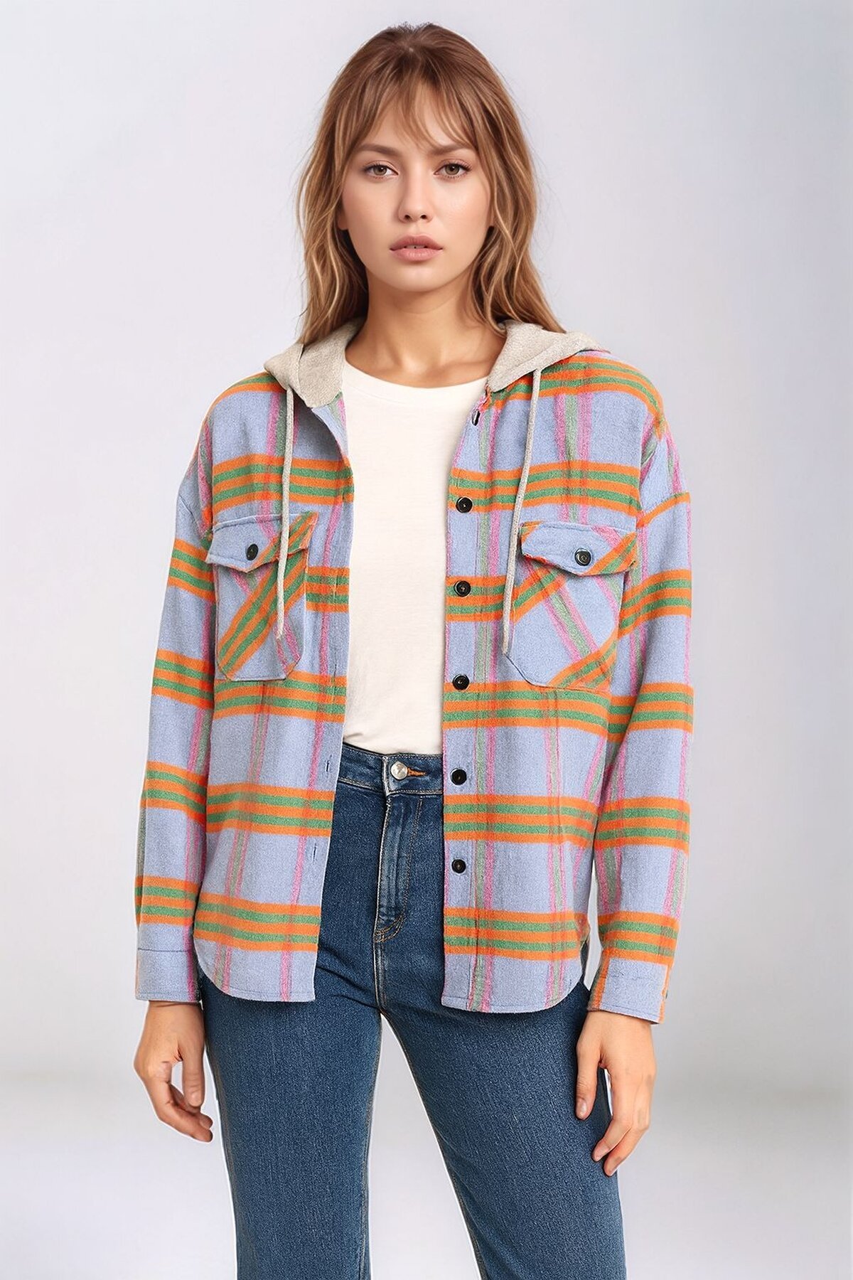 Kadın Desenli Renkli Oduncu Oversize Bol ve Geniş Kalıp Casual Çift Kapüşonlu Ceket Gömlek