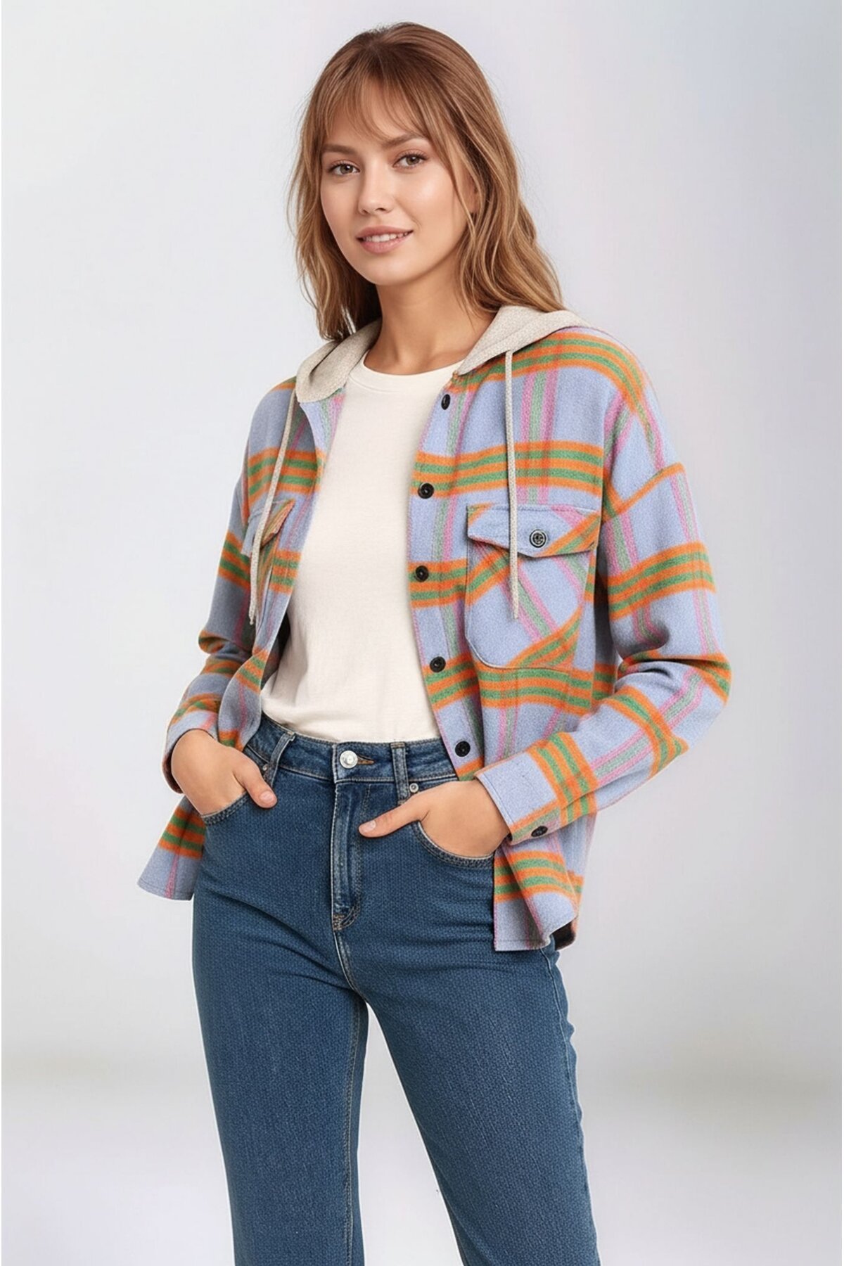 Kadın Desenli Renkli Oduncu Oversize Bol ve Geniş Kalıp Casual Çift Kapüşonlu Ceket Gömlek