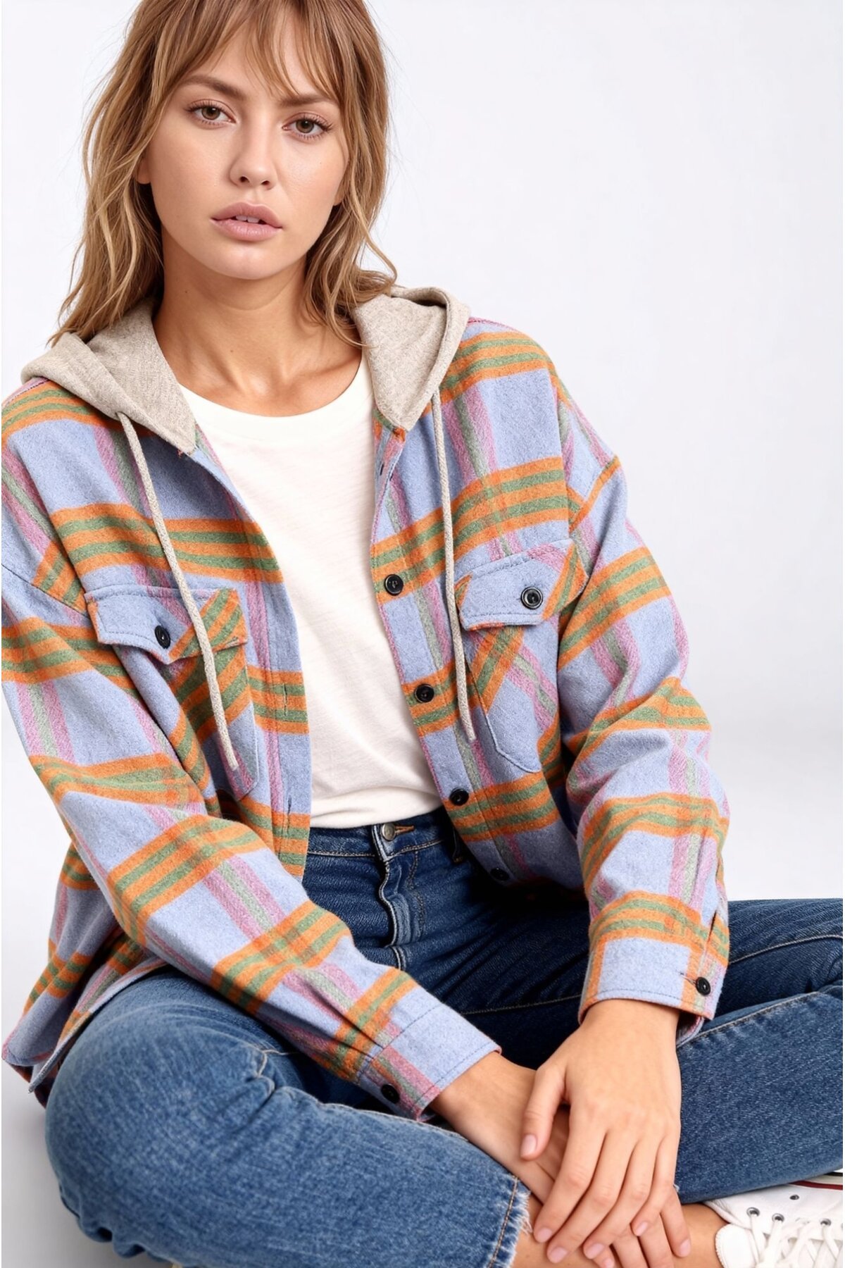 Kadın Desenli Renkli Oduncu Oversize Bol ve Geniş Kalıp Casual Çift Kapüşonlu Ceket Gömlek