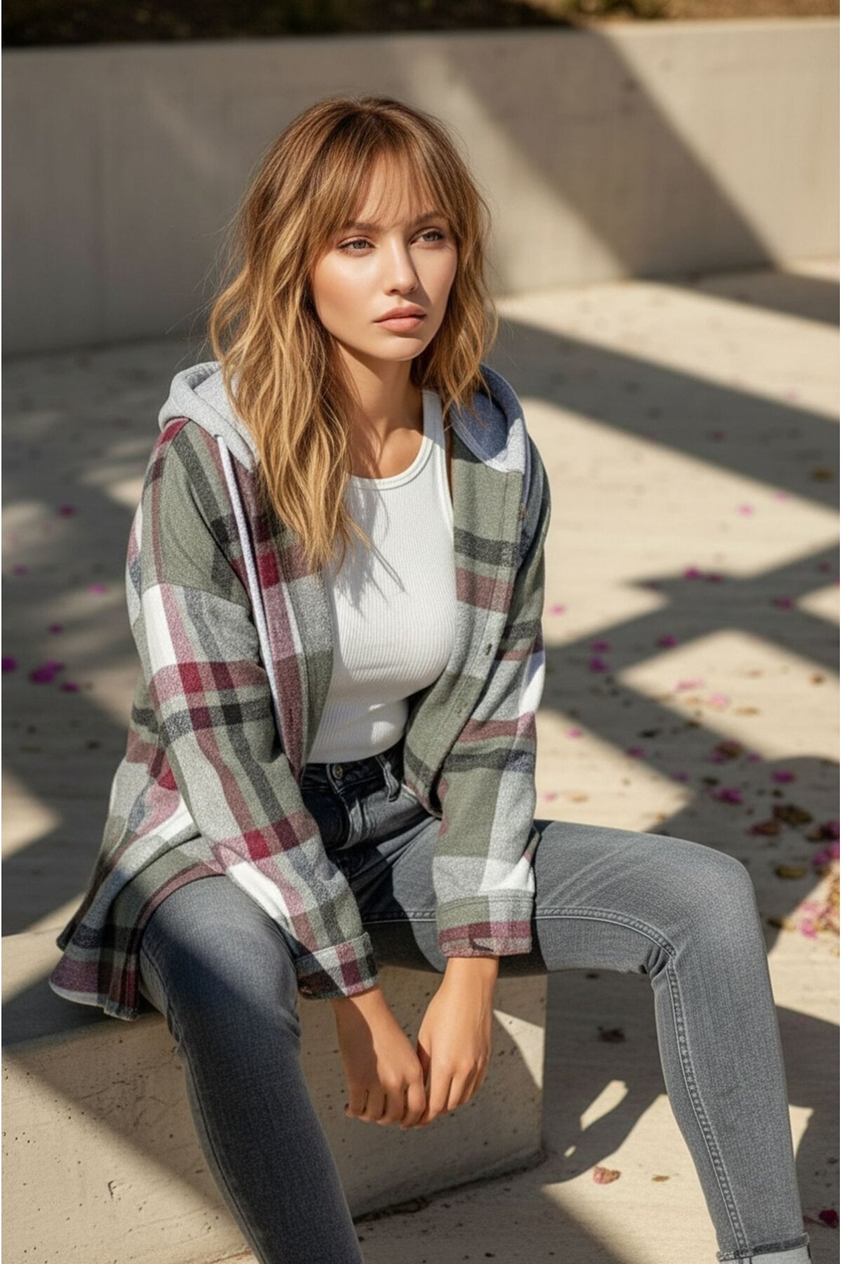 Kadın Desenli Renkli Oduncu Oversize Bol ve Geniş Kalıp Casual Çift Kapüşonlu Ceket Gömlek