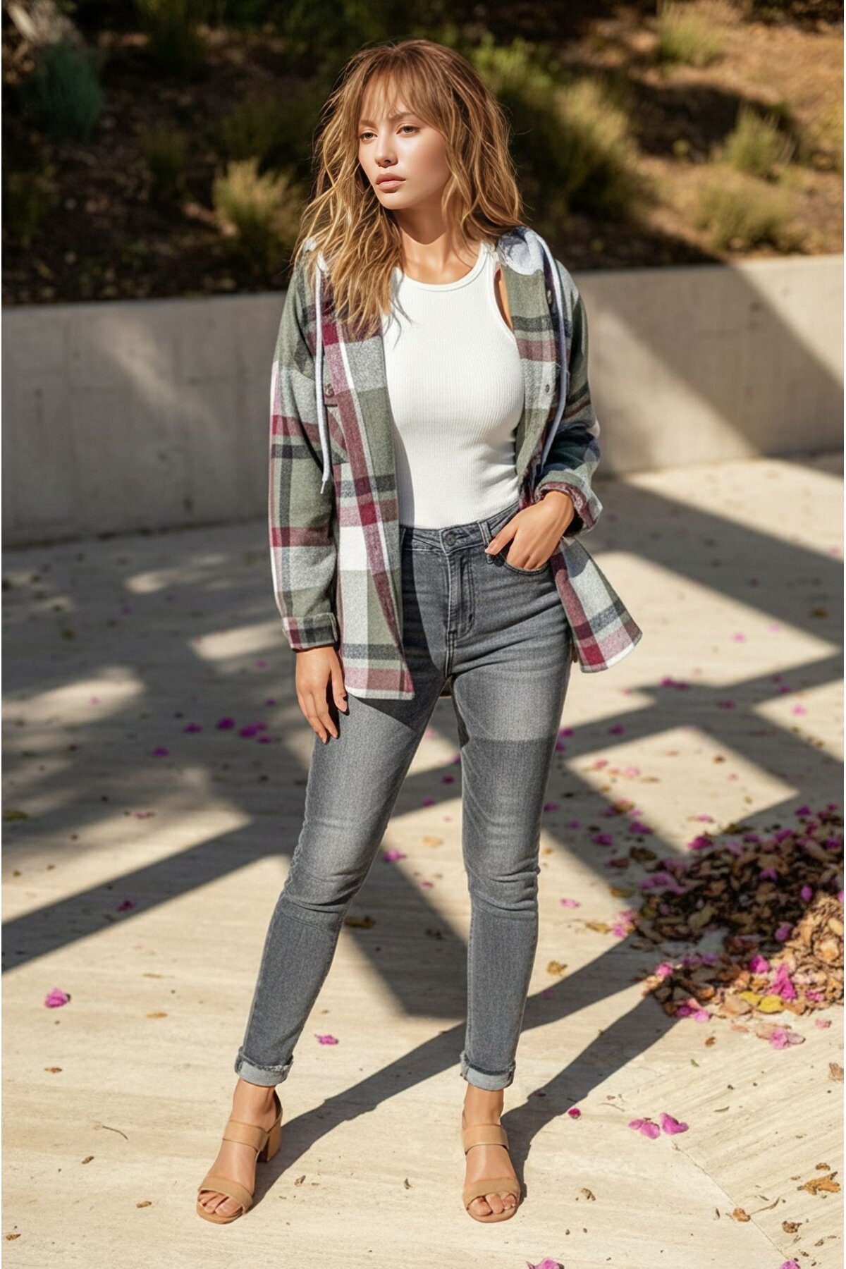 Kadın Desenli Renkli Oduncu Oversize Bol ve Geniş Kalıp Casual Çift Kapüşonlu Ceket Gömlek