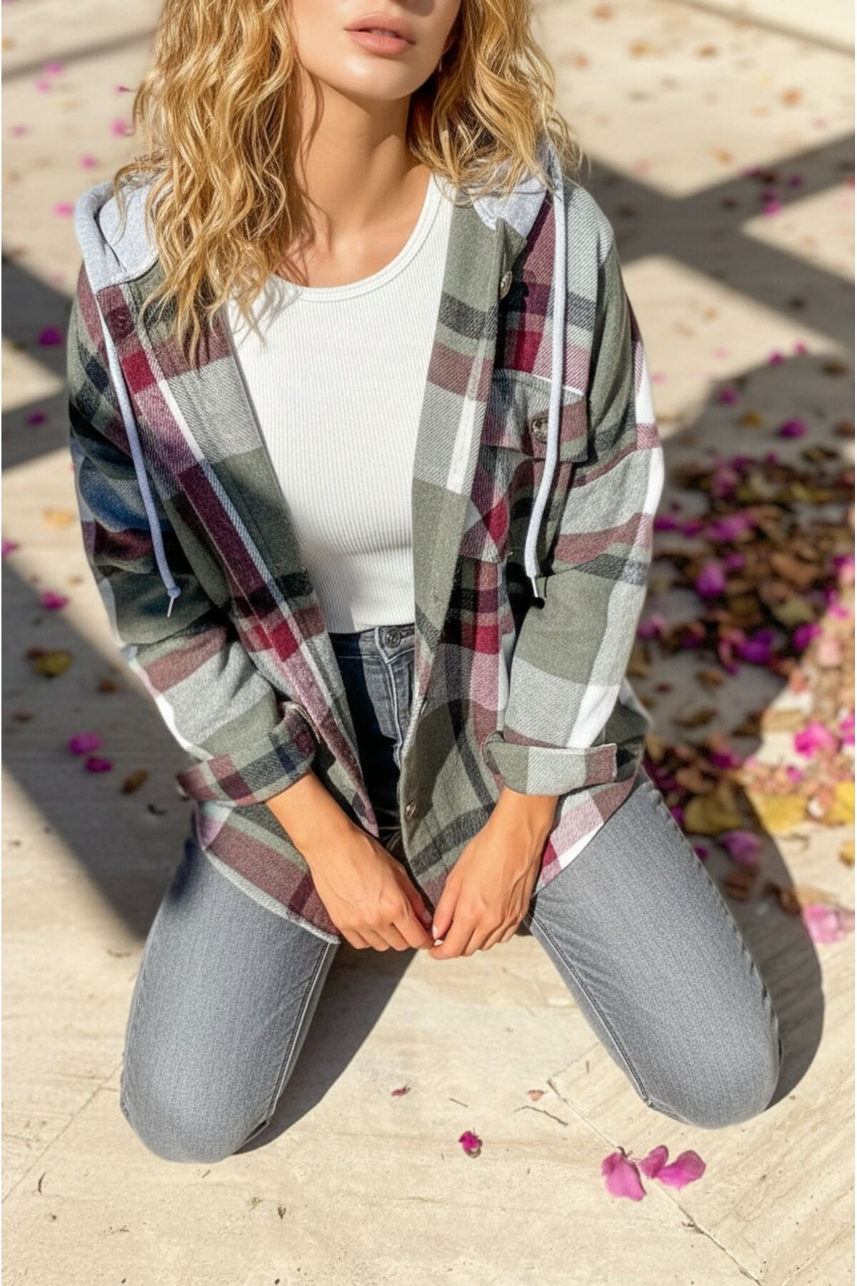 Kadın Desenli Renkli Oduncu Oversize Bol ve Geniş Kalıp Casual Çift Kapüşonlu Ceket Gömlek