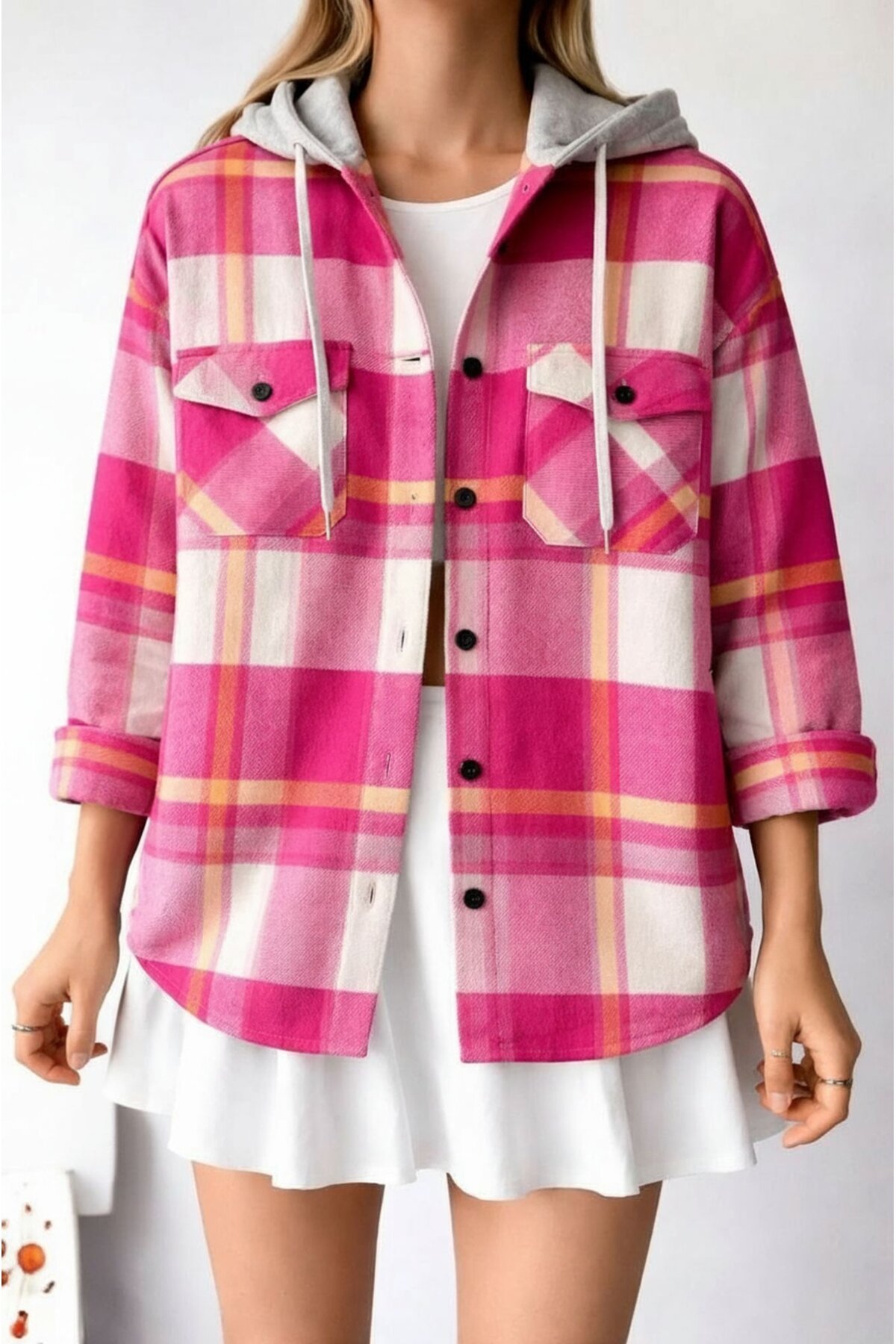 Kadın Desenli Renkli Oduncu Oversize Bol ve Geniş Kalıp Casual Çift Kapüşonlu Ceket Gömlek