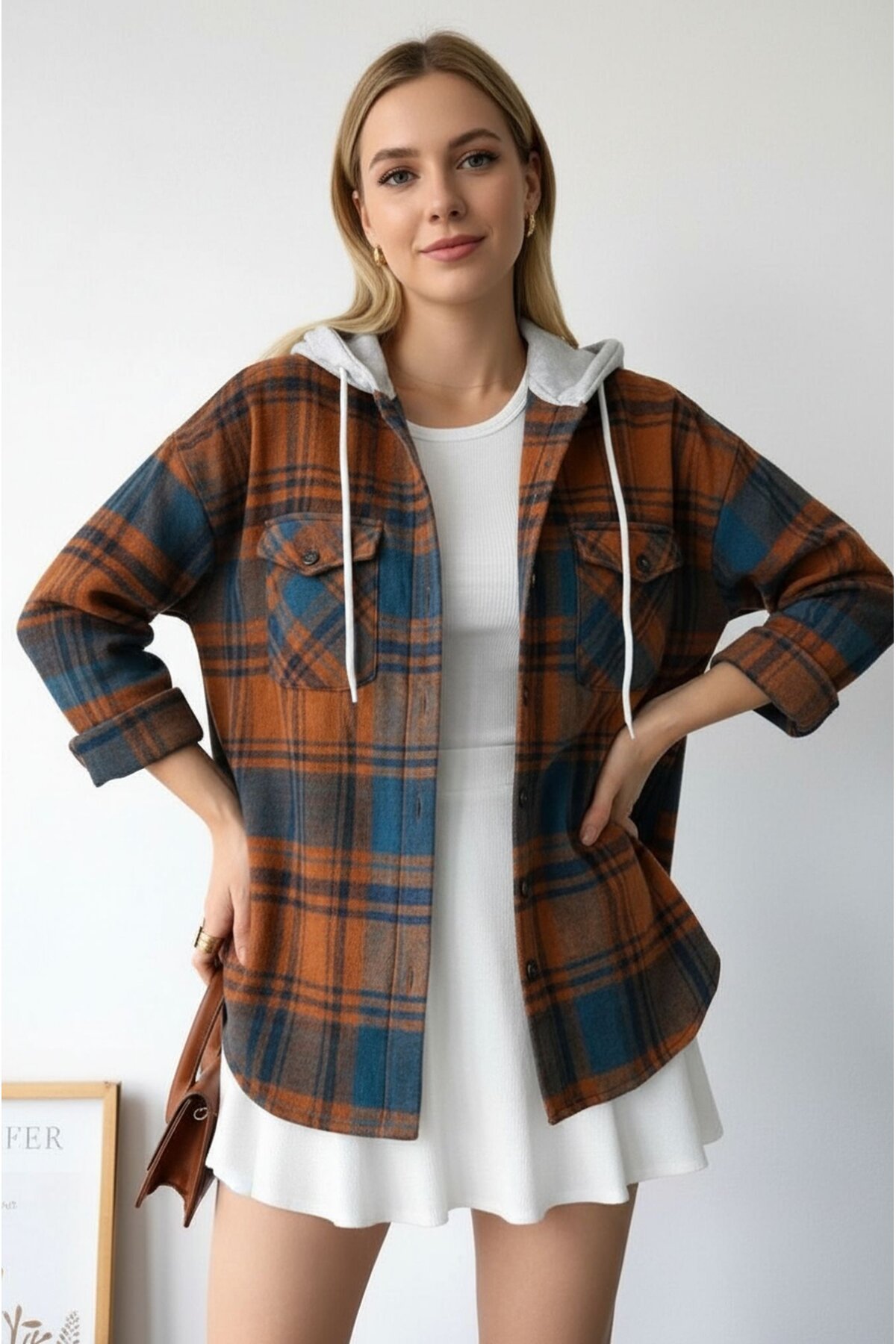 Kadın Desenli Renkli Oduncu Oversize Bol ve Geniş Kalıp Casual Çift Kapüşonlu Ceket Gömlek