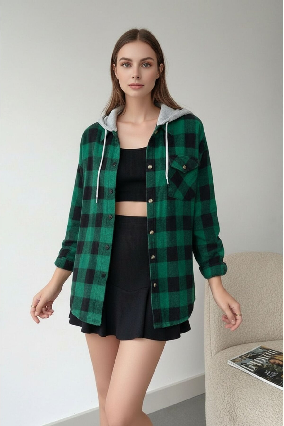 Kadın Desenli Renkli Oduncu Oversize Bol ve Geniş Kalıp Casual Çift Kapüşonlu Ceket Gömlek