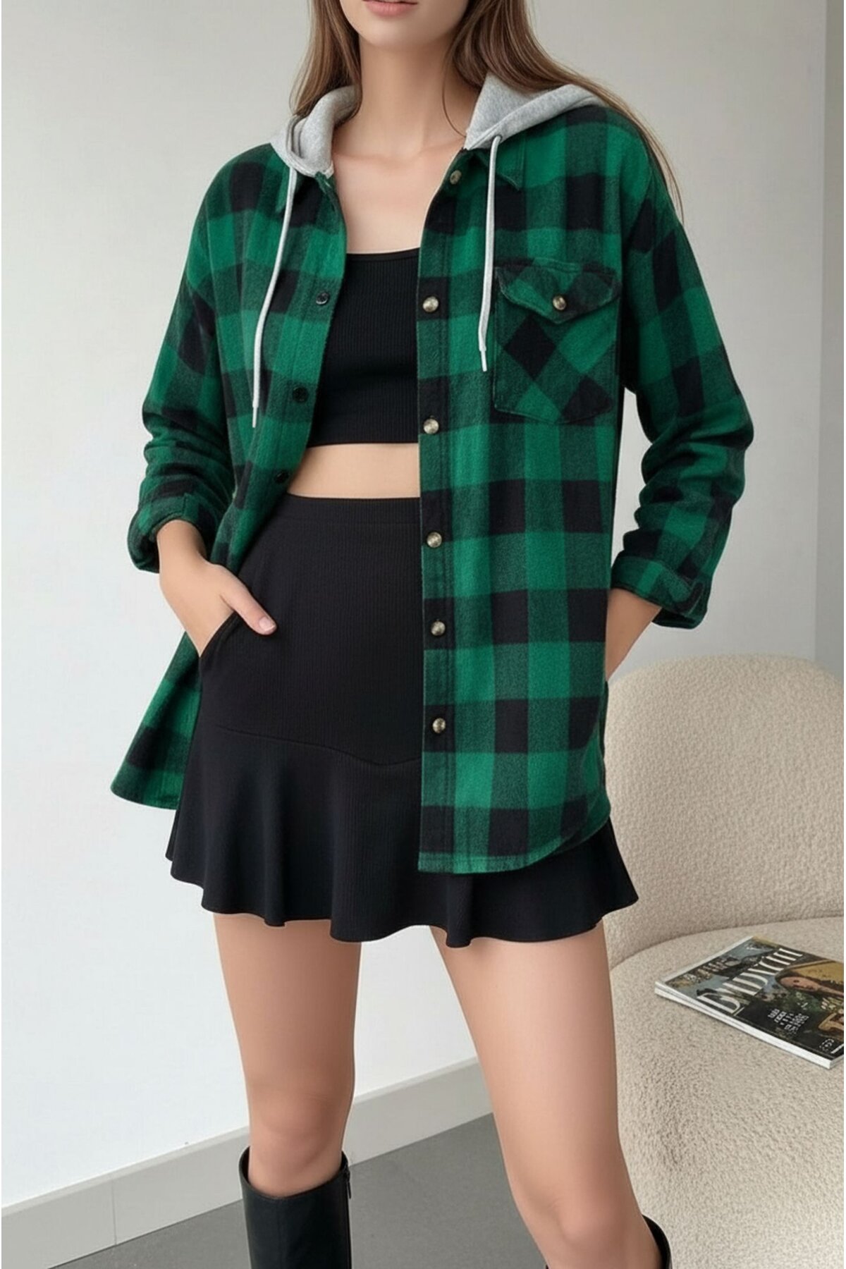 Kadın Desenli Renkli Oduncu Oversize Bol ve Geniş Kalıp Casual Çift Kapüşonlu Ceket Gömlek