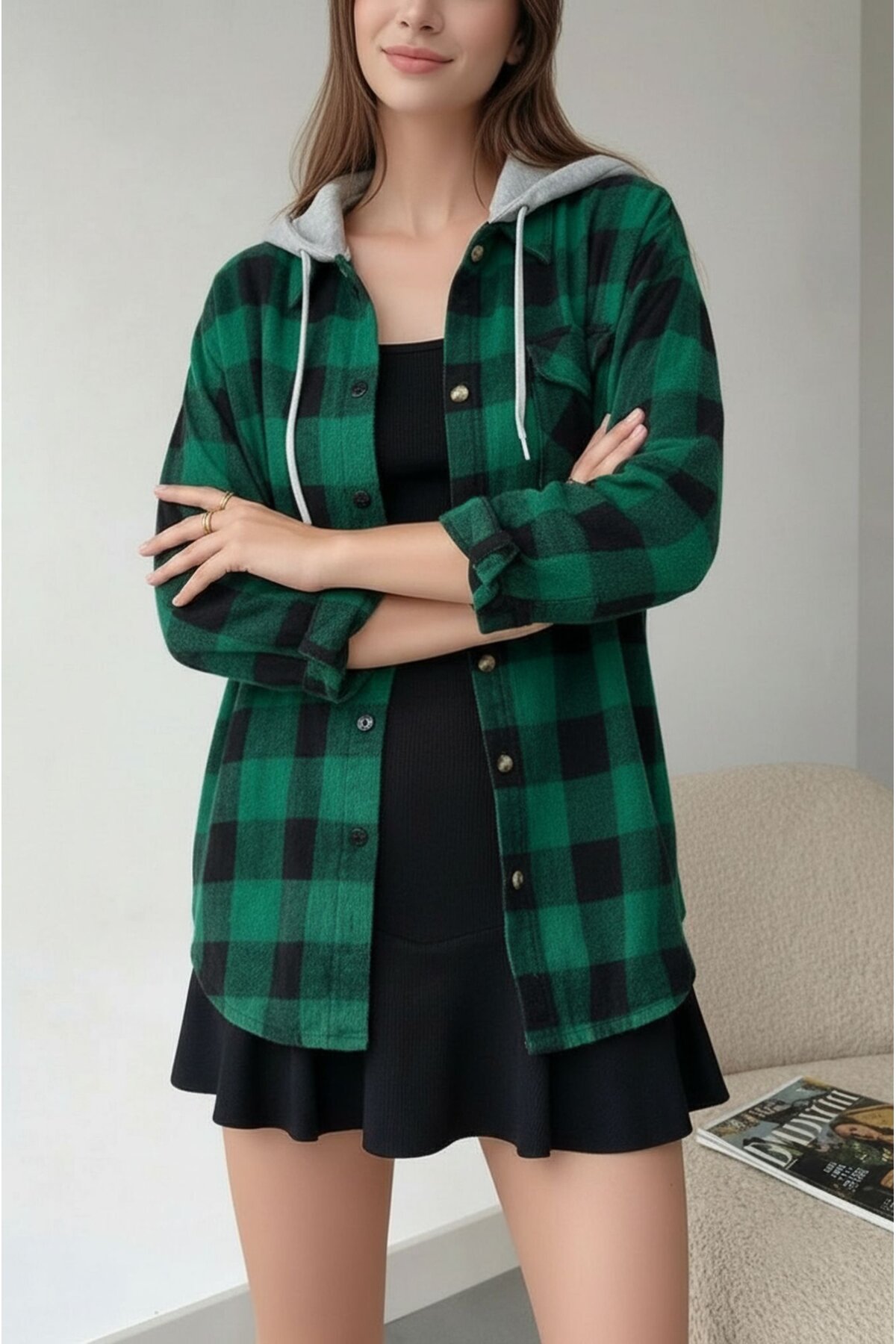 Kadın Desenli Renkli Oduncu Oversize Bol ve Geniş Kalıp Casual Çift Kapüşonlu Ceket Gömlek