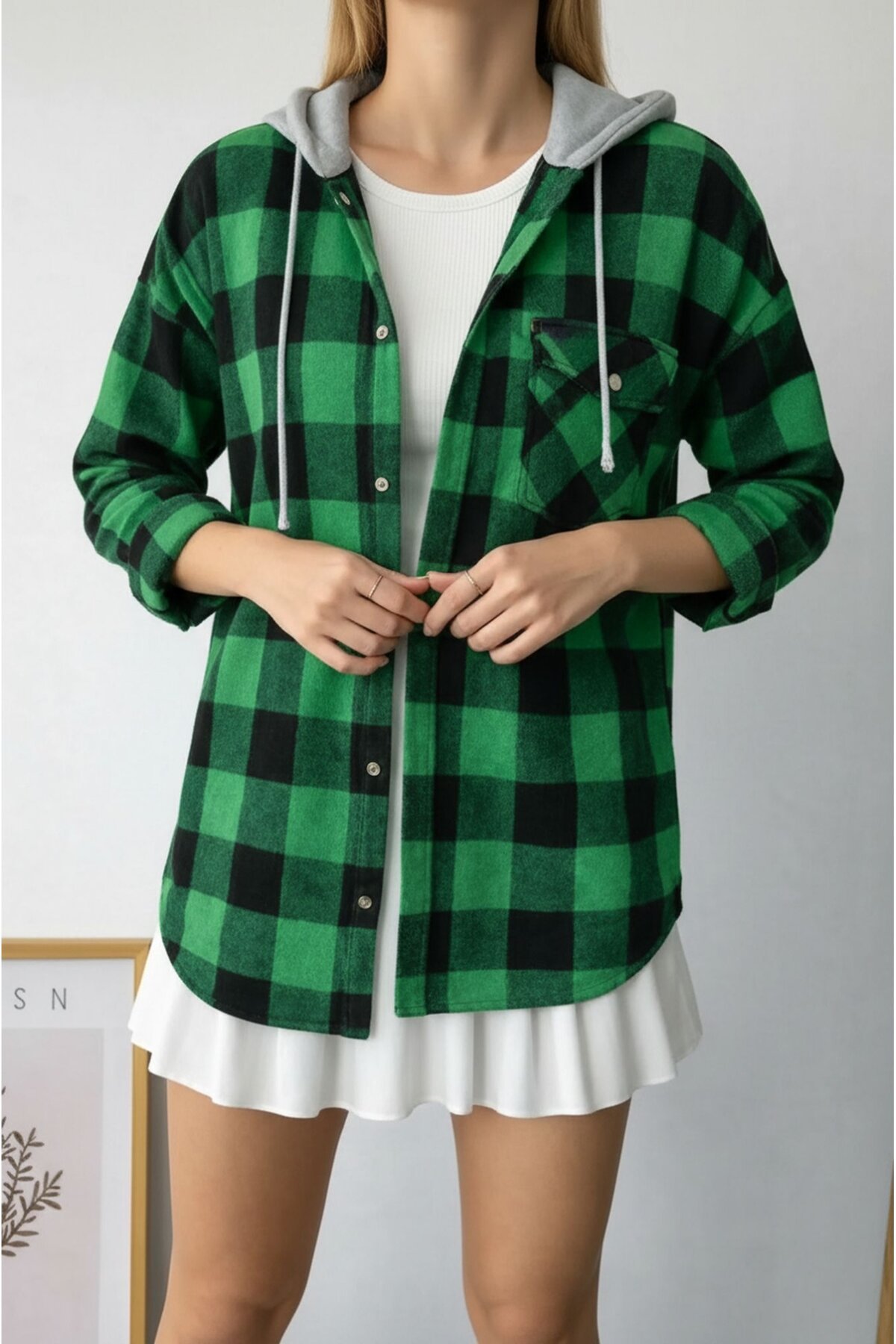 Kadın Desenli Renkli Oduncu Oversize Bol ve Geniş Kalıp Casual Çift Kapüşonlu Ceket Gömlek