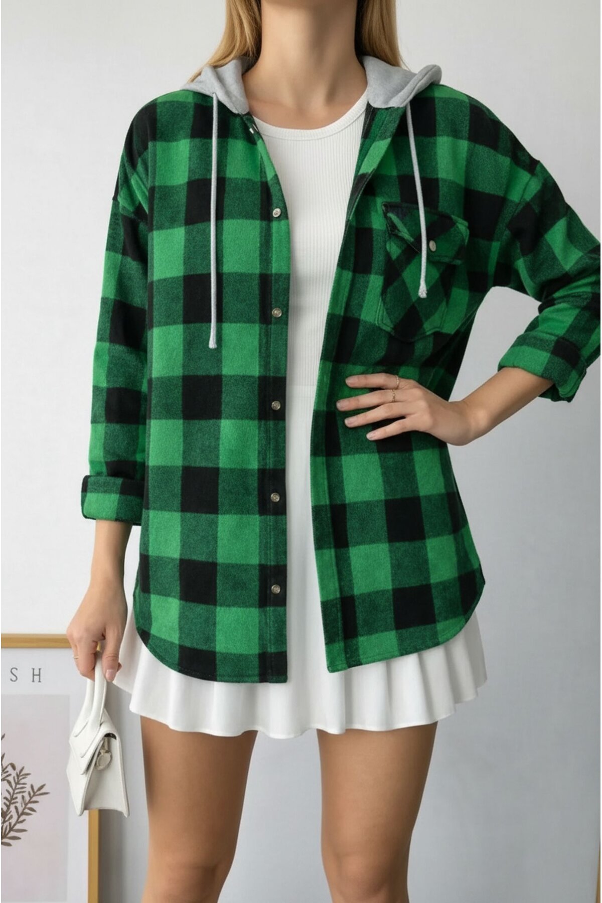 Kadın Desenli Renkli Oduncu Oversize Bol ve Geniş Kalıp Casual Çift Kapüşonlu Ceket Gömlek