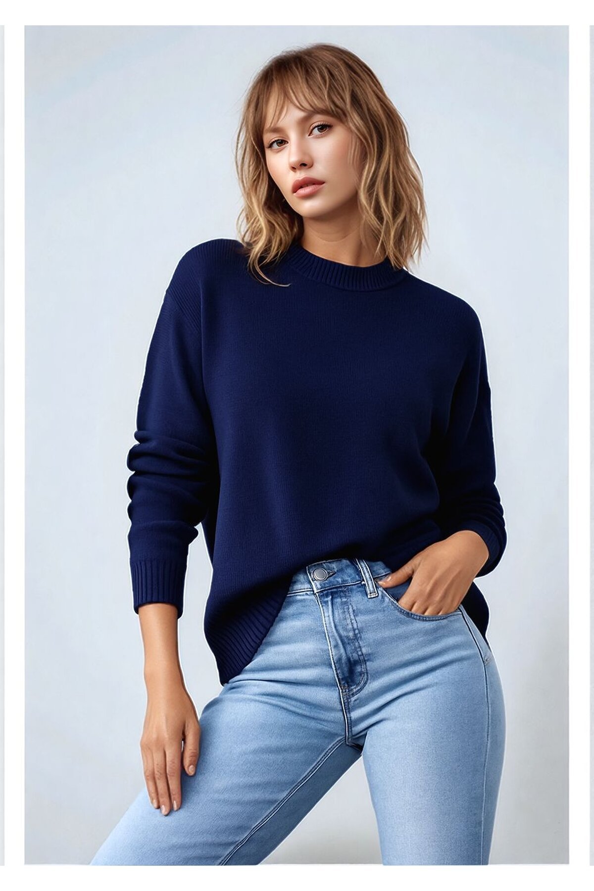 Kadın Dik Yaka Basic Uzun Kol Büyük Beden Curve Uyumlu Spor Şık Triko Kazak