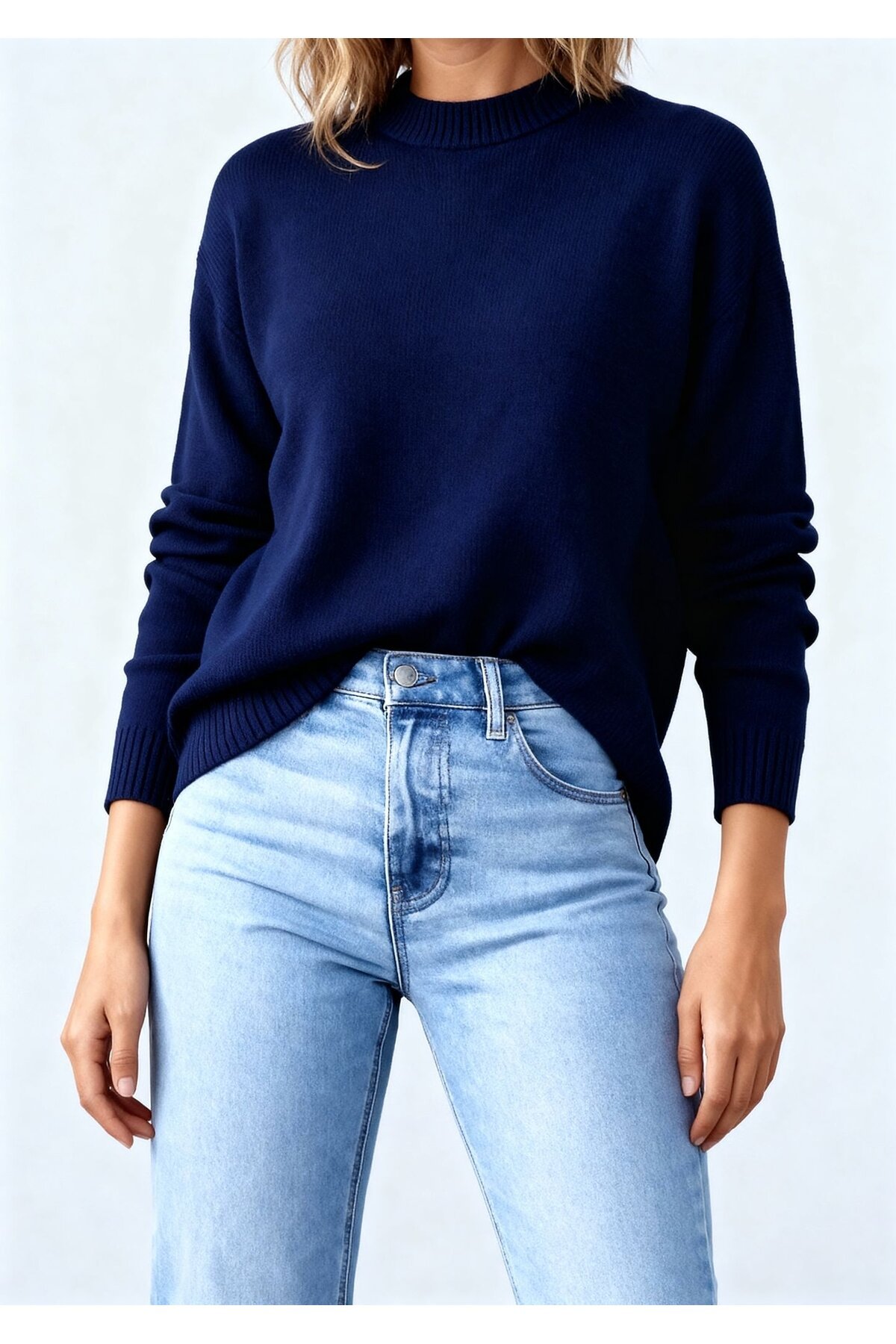 Kadın Dik Yaka Basic Uzun Kol Büyük Beden Curve Uyumlu Spor Şık Triko Kazak