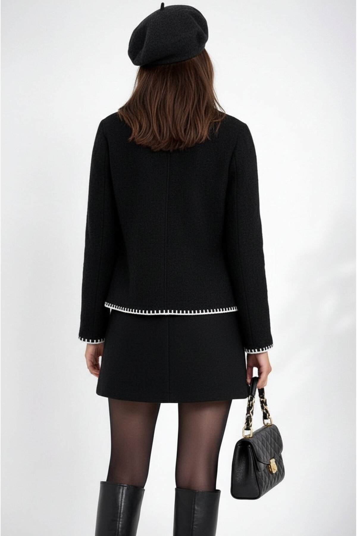 Kadın Dik Yaka İp Örgü Detaylı Rahat Kalıp Uzun Kol Tasarım Triko Ceket