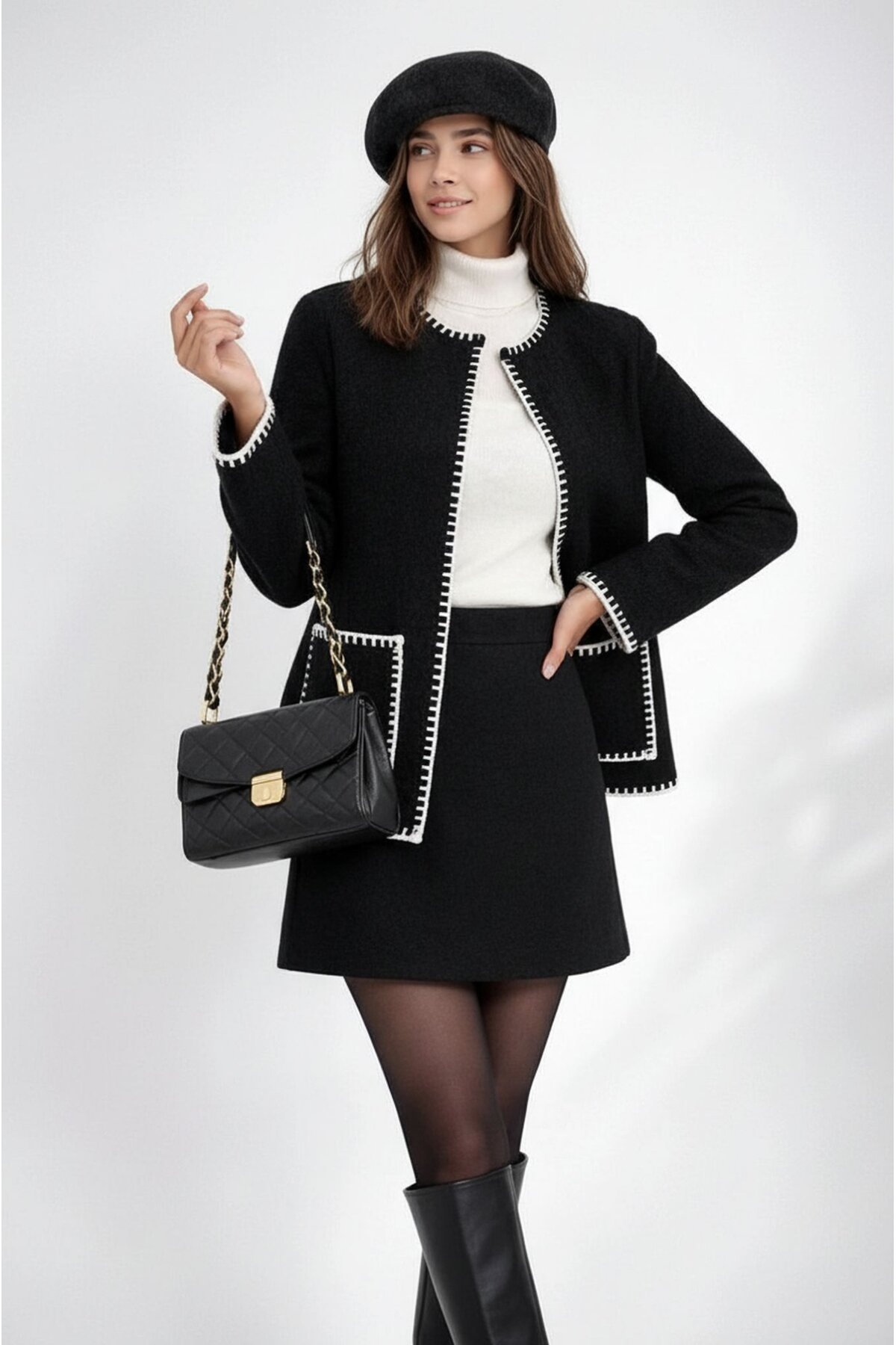 Kadın Dik Yaka İp Örgü Detaylı Rahat Kalıp Uzun Kol Tasarım Triko Ceket