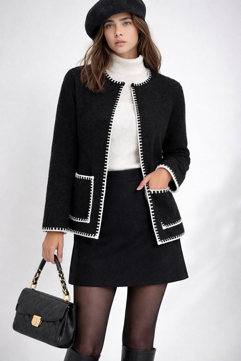 Kadın Dik Yaka İp Örgü Detaylı Rahat Kalıp Uzun Kol Tasarım Triko Ceket