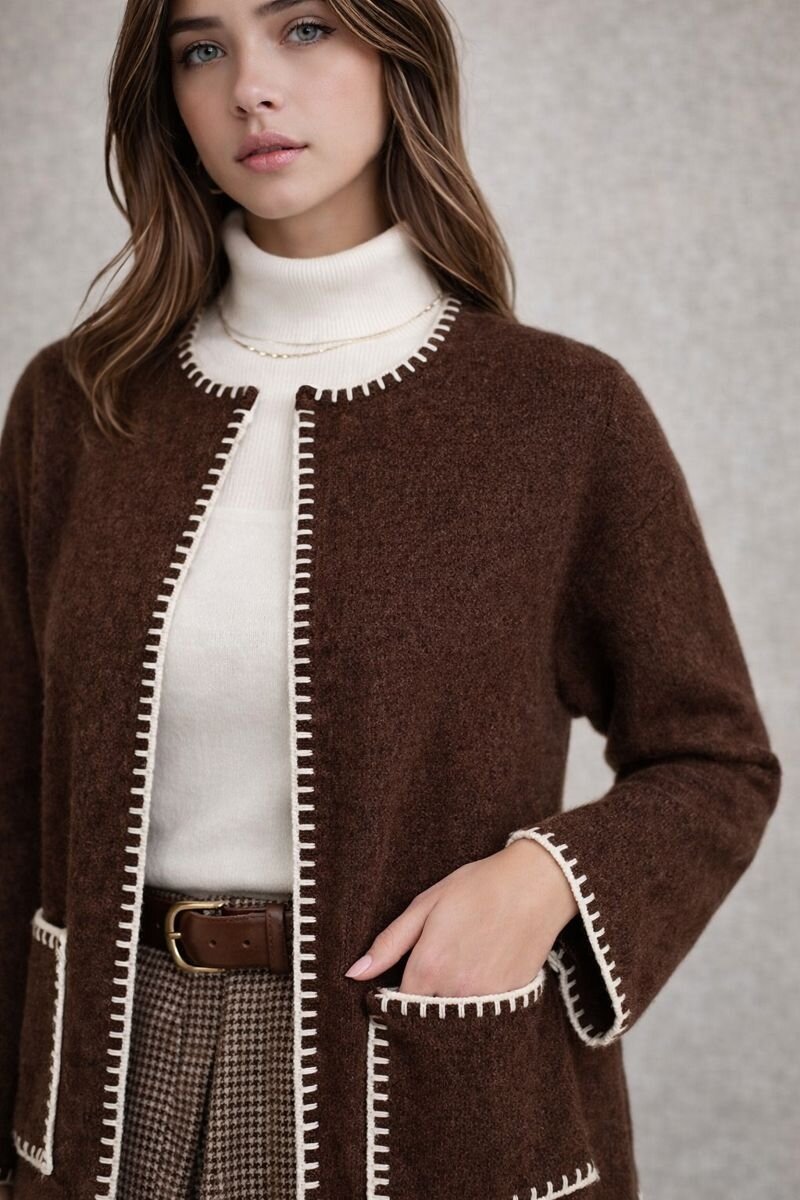 Kadın Dik Yaka İp Örgü Detaylı Rahat Kalıp Uzun Kol Tasarım Triko Ceket