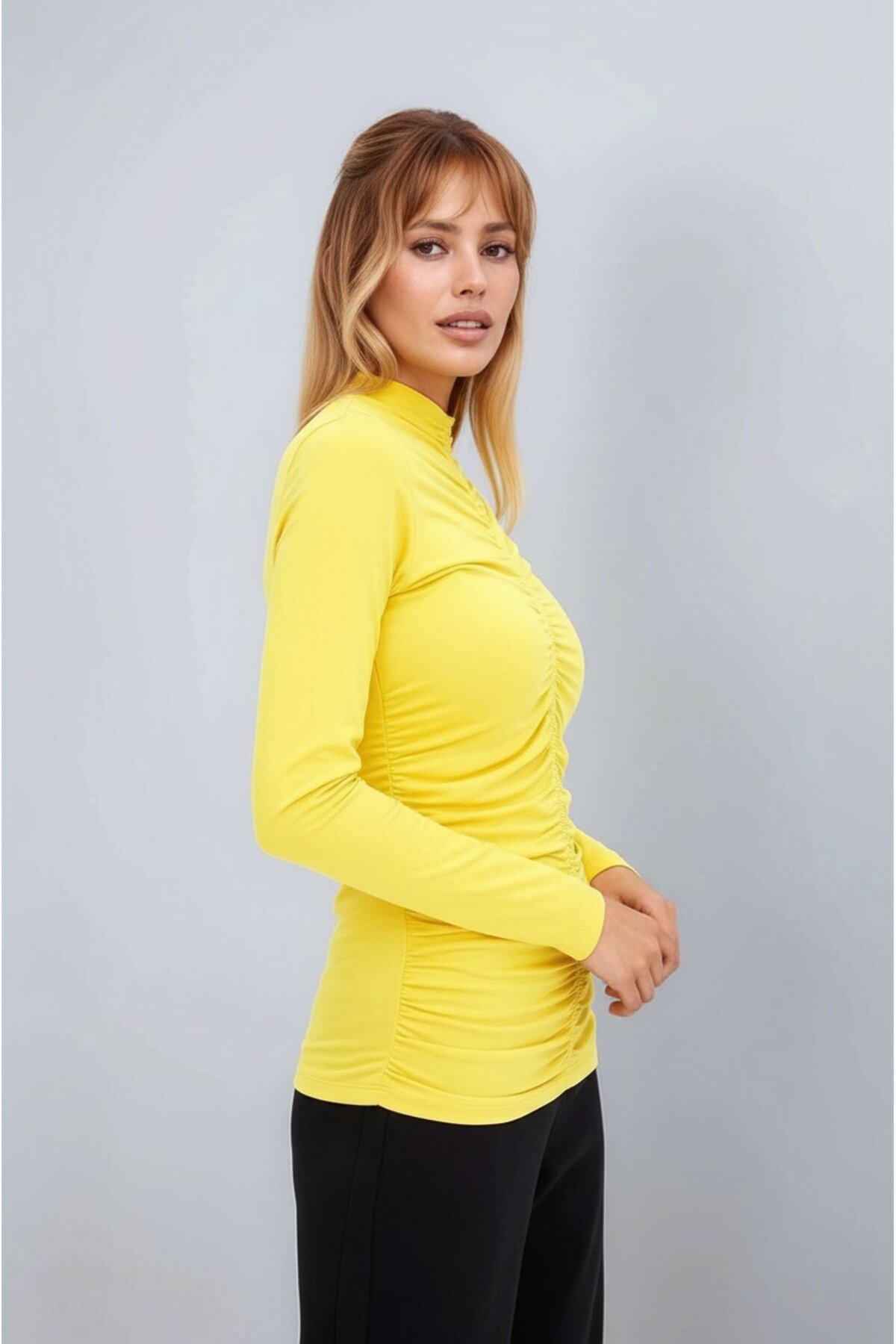 Kadın Dik Yaka Önden Büzgülü Uzun Kol Casual Viskon Spor Şık Büyük Beden Curve Bluz