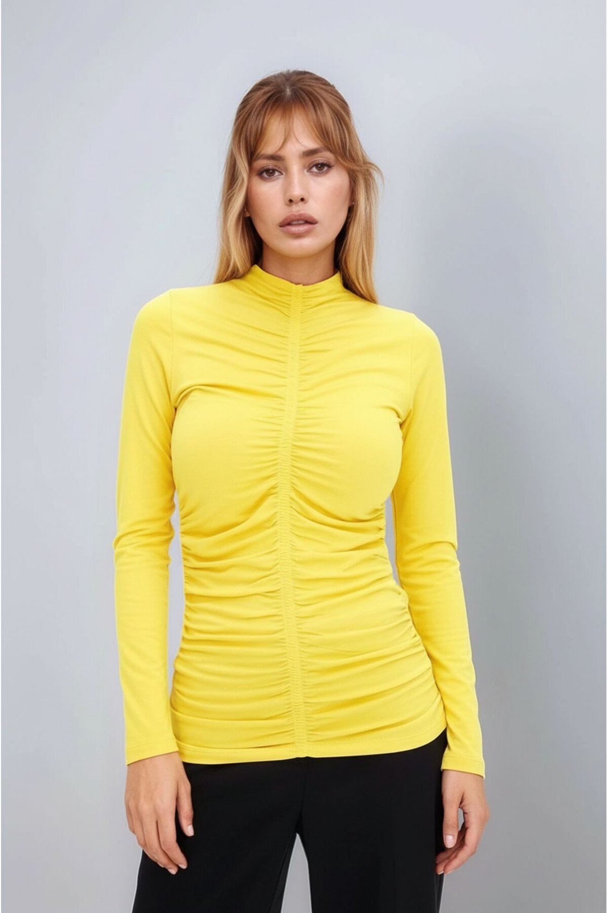 Kadın Dik Yaka Önden Büzgülü Uzun Kol Casual Viskon Spor Şık Büyük Beden Curve Bluz