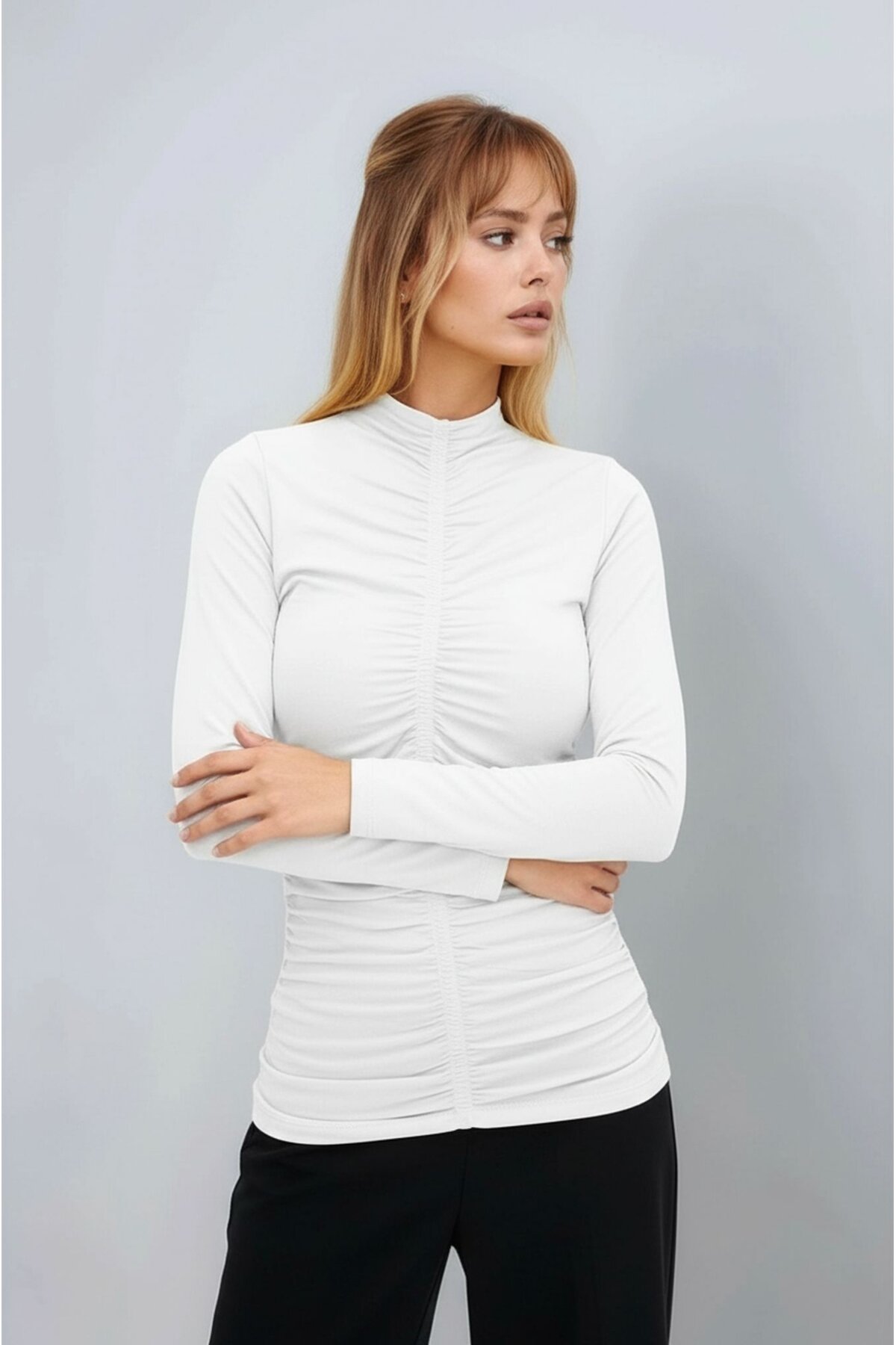 Kadın Dik Yaka Önden Büzgülü Uzun Kol Casual Viskon Spor Şık Büyük Beden Curve Bluz