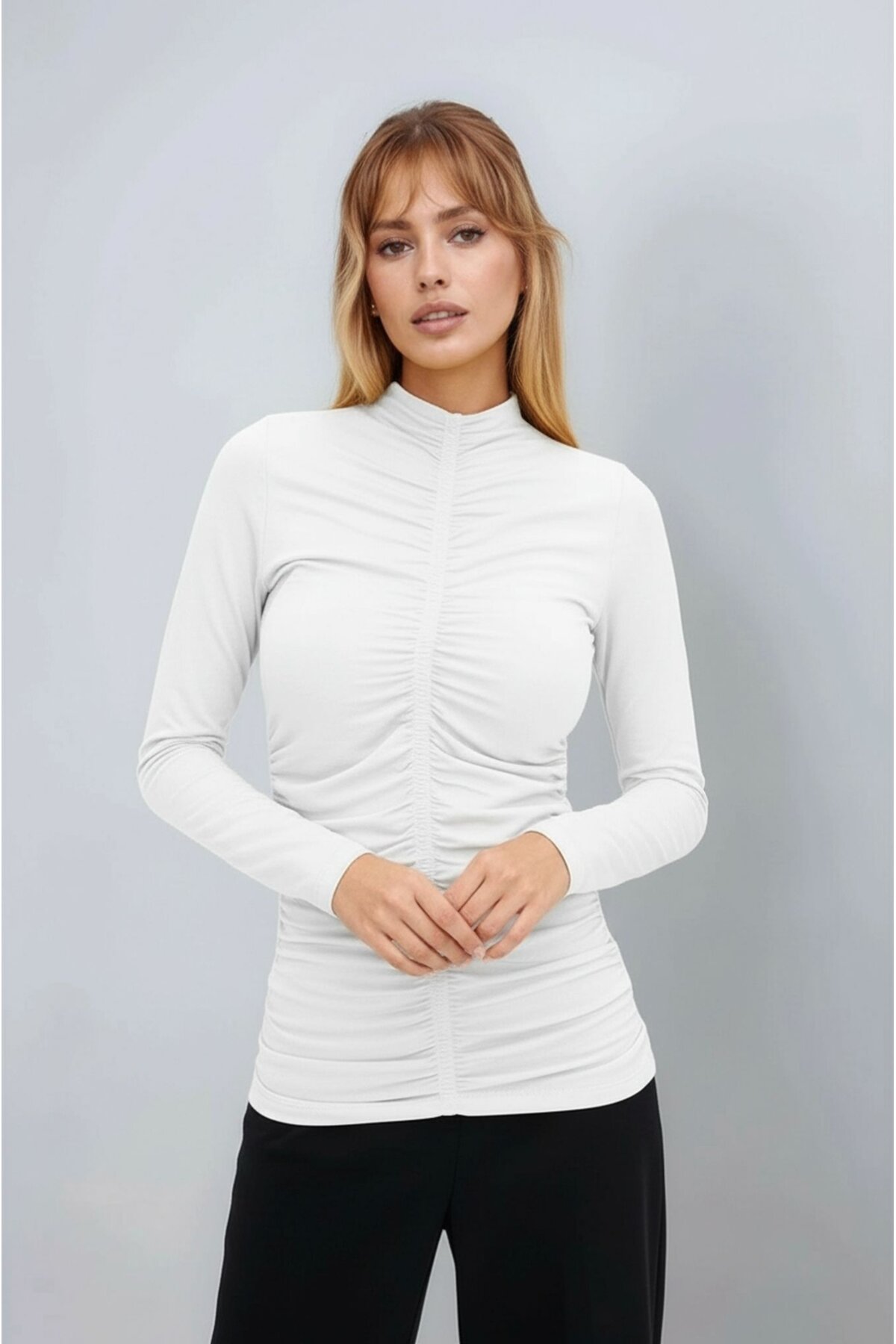 Kadın Dik Yaka Önden Büzgülü Uzun Kol Casual Viskon Spor Şık Büyük Beden Curve Bluz