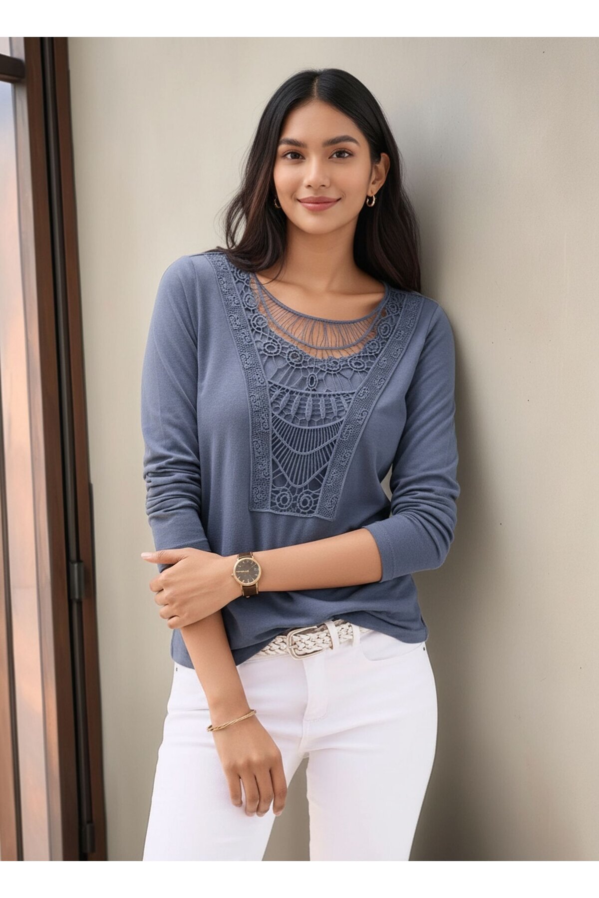 Kadın Dik Yaka Önden Büzgülü Uzun Kol Casual Viskon Spor Şık Büyük Beden Curve Bluz