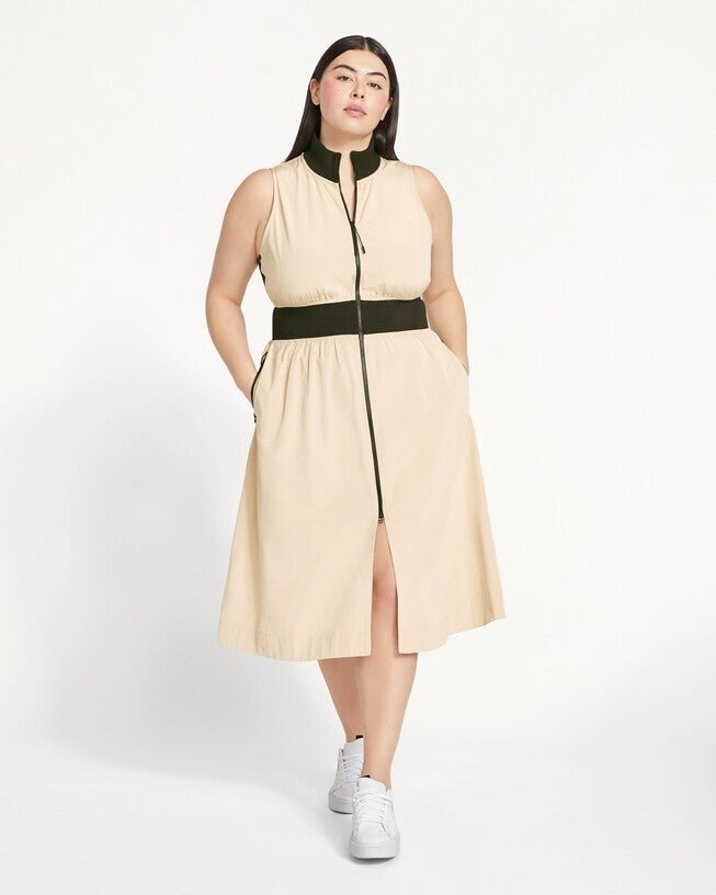 Kadın Dik Yaka Önü Fermuarlı Yırtmaçlı Baharlık Yazlık Beli Lastikli Şık Ceket Elbise