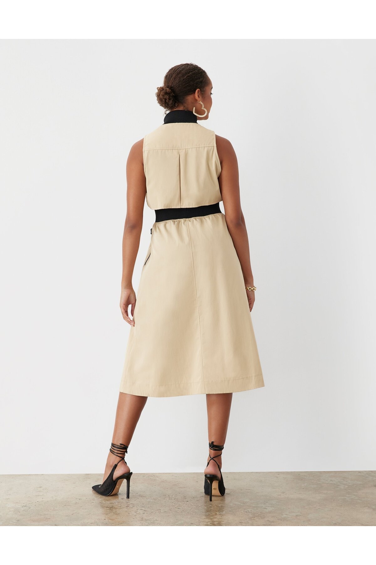 Kadın Dik Yaka Önü Fermuarlı Yırtmaçlı Baharlık Yazlık Beli Lastikli Şık Ceket Elbise