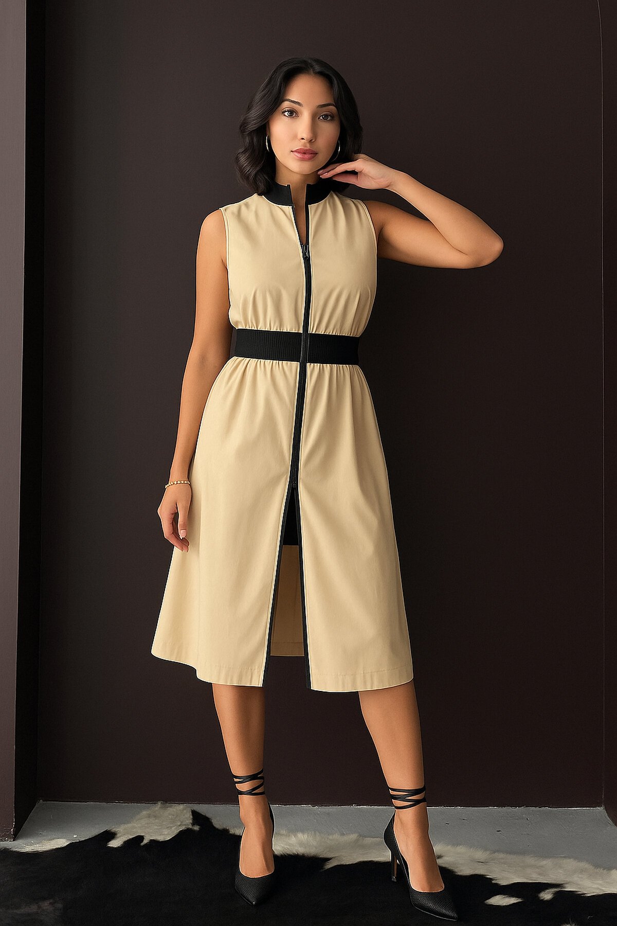 Kadın Dik Yaka Önü Fermuarlı Yırtmaçlı Baharlık Yazlık Beli Lastikli Şık Ceket Elbise