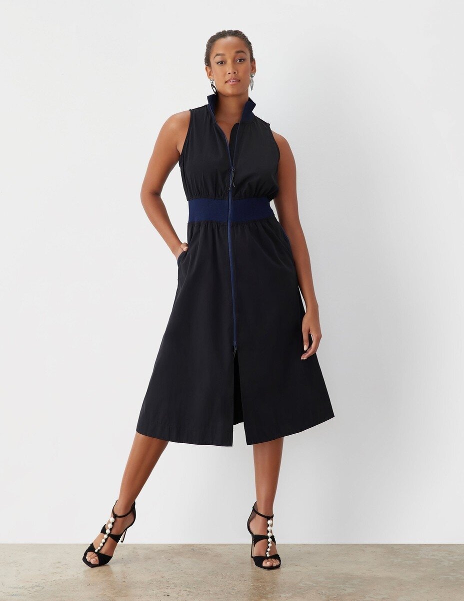 Kadın Dik Yaka Önü Fermuarlı Yırtmaçlı Baharlık Yazlık Beli Lastikli Şık Ceket Elbise