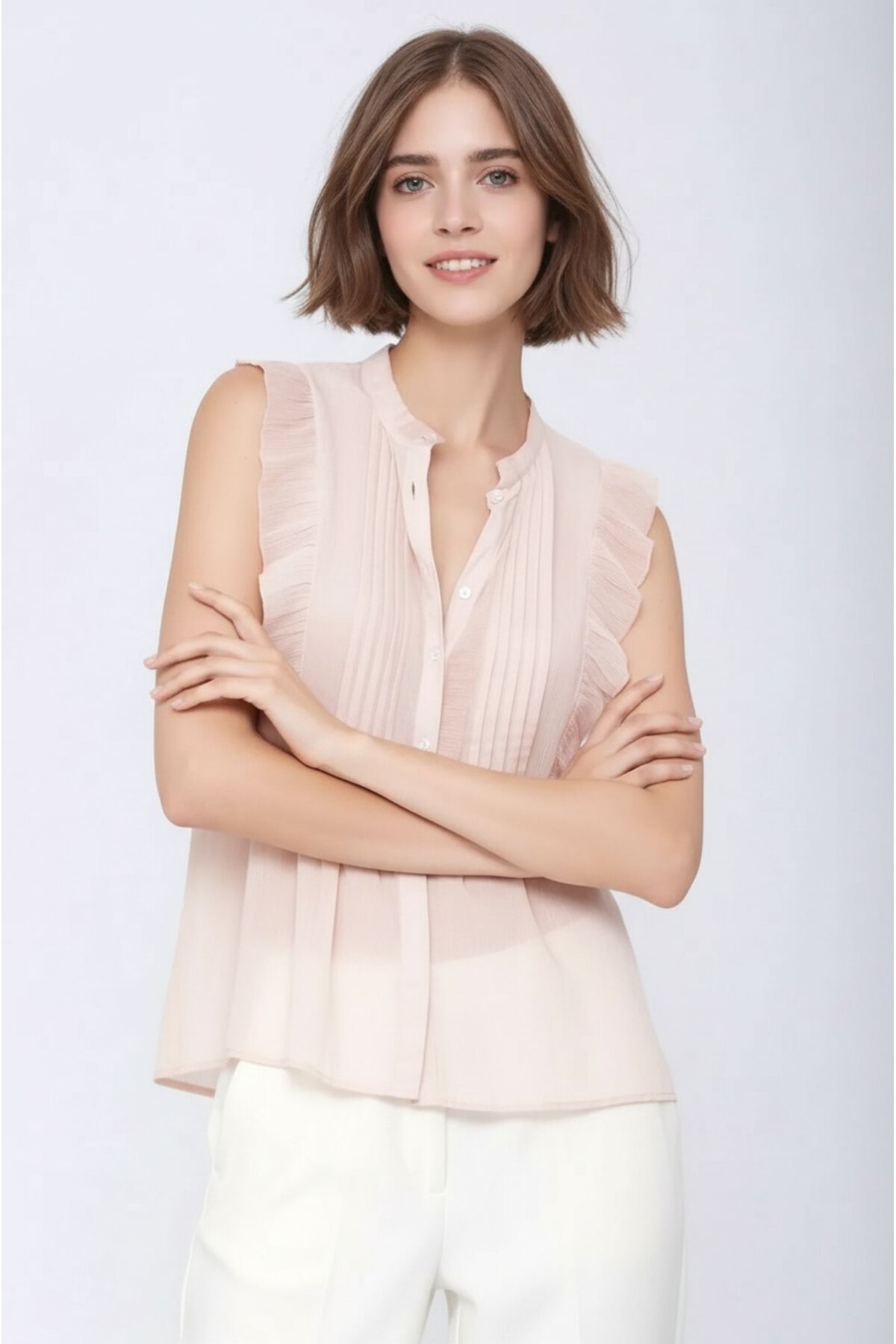 Kadın Dik Yaka Yarım Pat Düğmeli Fırfır Kol Şifon Şık Ofis Bluz