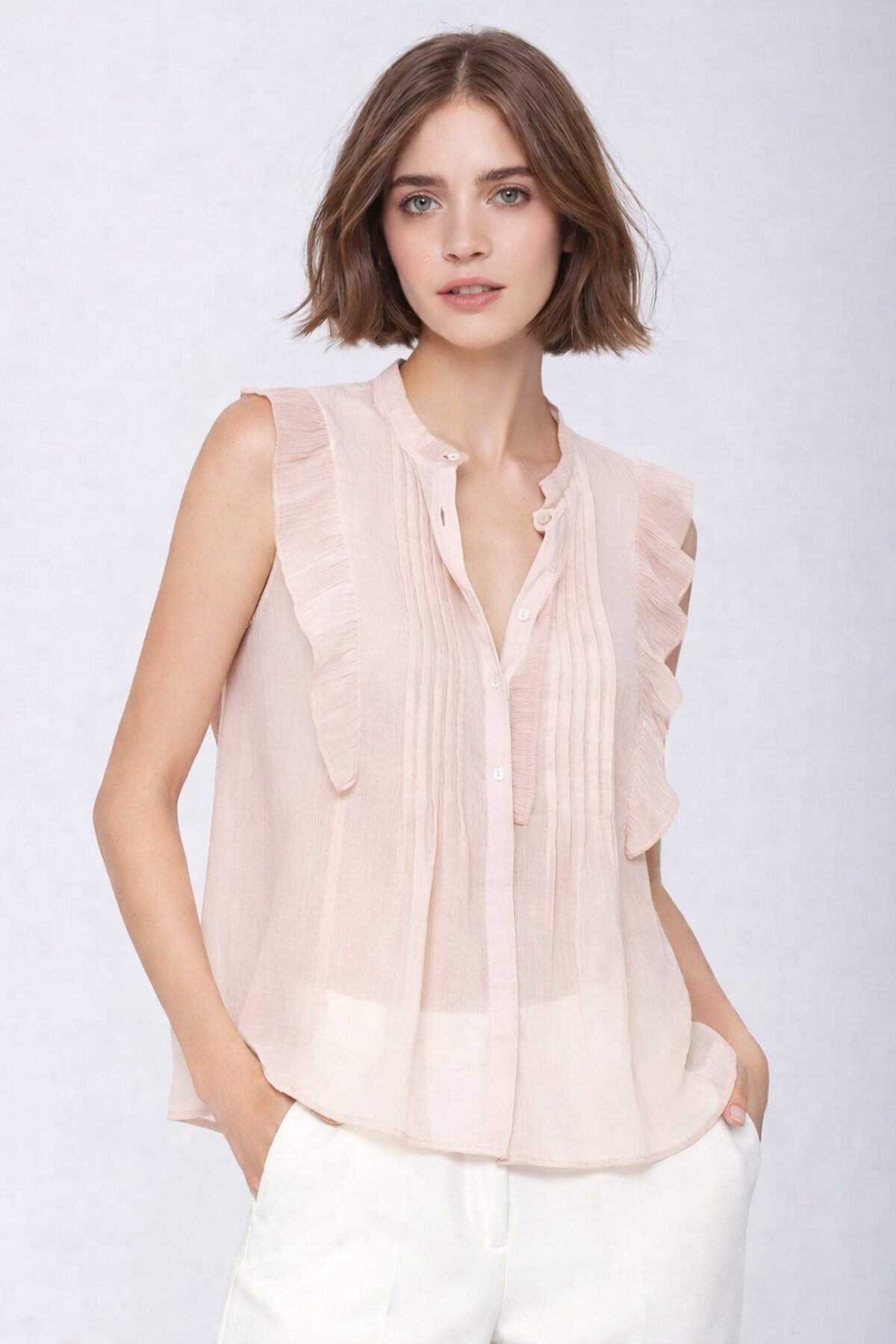 Kadın Dik Yaka Yarım Pat Düğmeli Fırfır Kol Şifon Şık Ofis Bluz