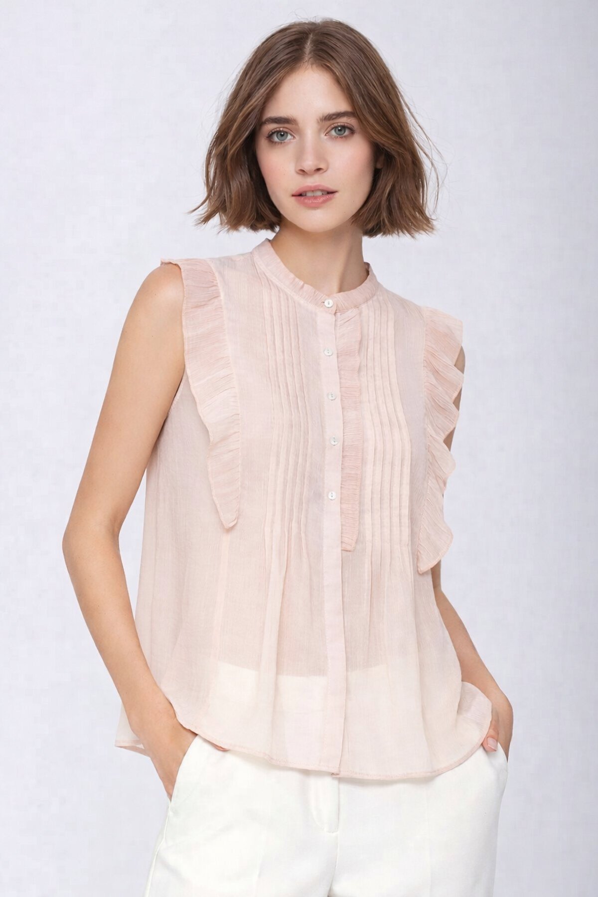 Kadın Dik Yaka Yarım Pat Düğmeli Fırfır Kol Şifon Şık Ofis Bluz