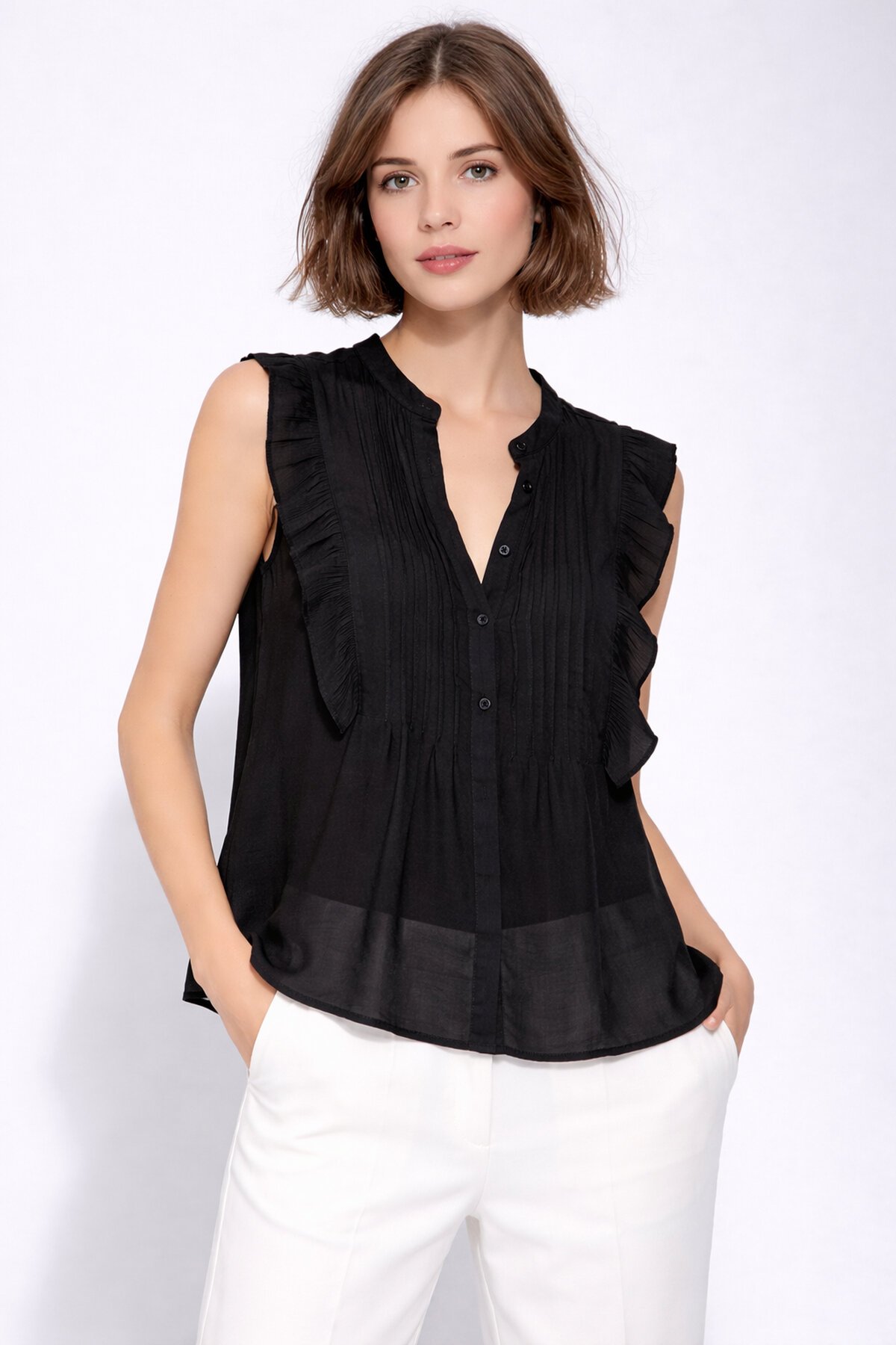 Kadın Dik Yaka Yarım Pat Düğmeli Fırfır Kol Şifon Şık Ofis Bluz