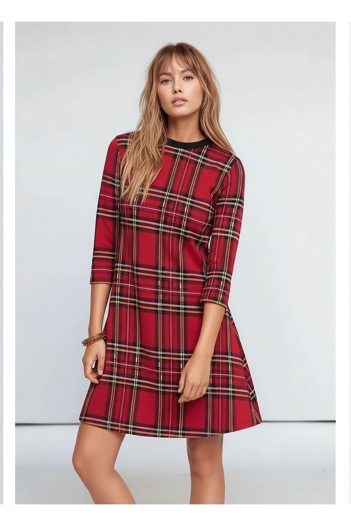 Kadın Ekose Desen Bisiklet Yaka Çan Etek Truvakar Kol Şık Casual Spor Curve Elbise