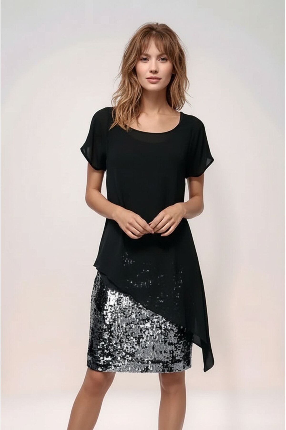 Kadın Eteği Pullu Üstü Şal Şifon Yakalı Şık Büyük Beden Yarım Kol Gece Abiye Elbise