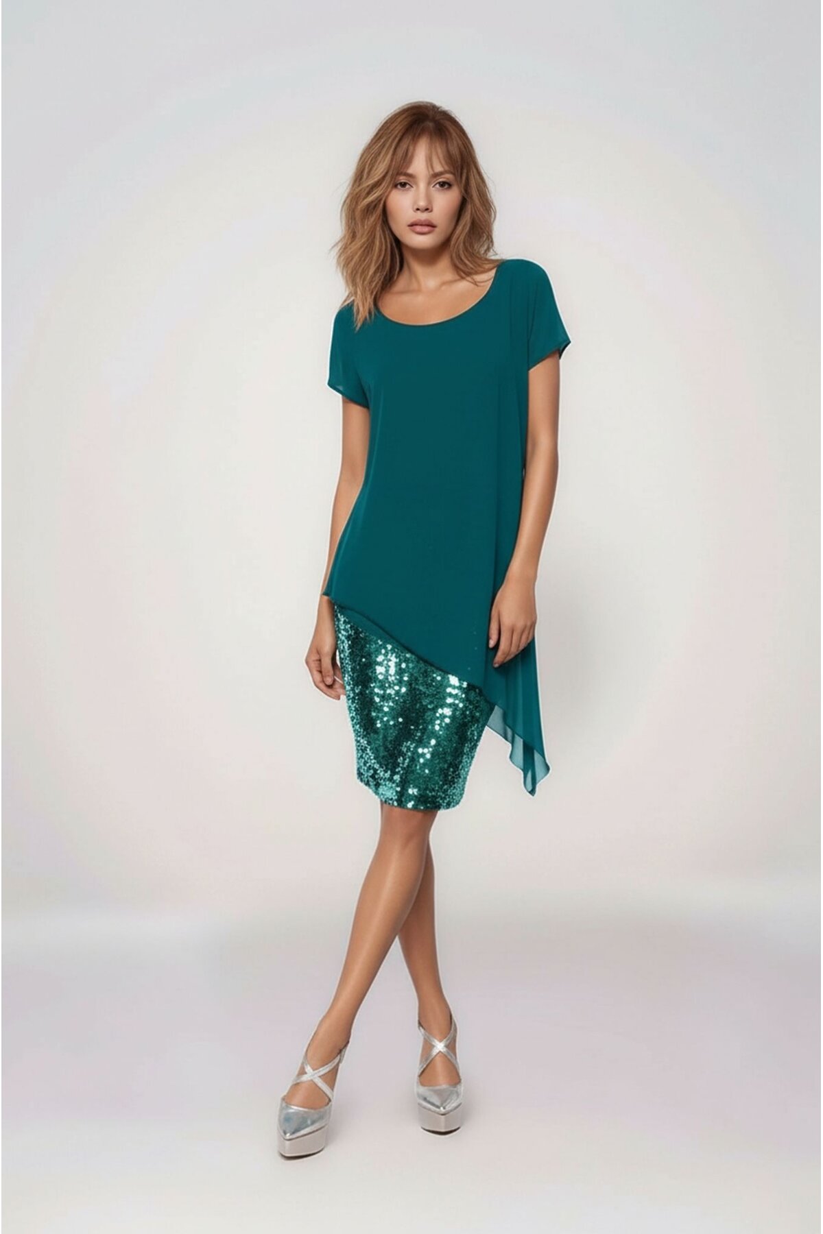 Kadın Eteği Pullu Üstü Şal Şifon Yakalı Şık Büyük Beden Yarım Kol Gece Abiye Elbise