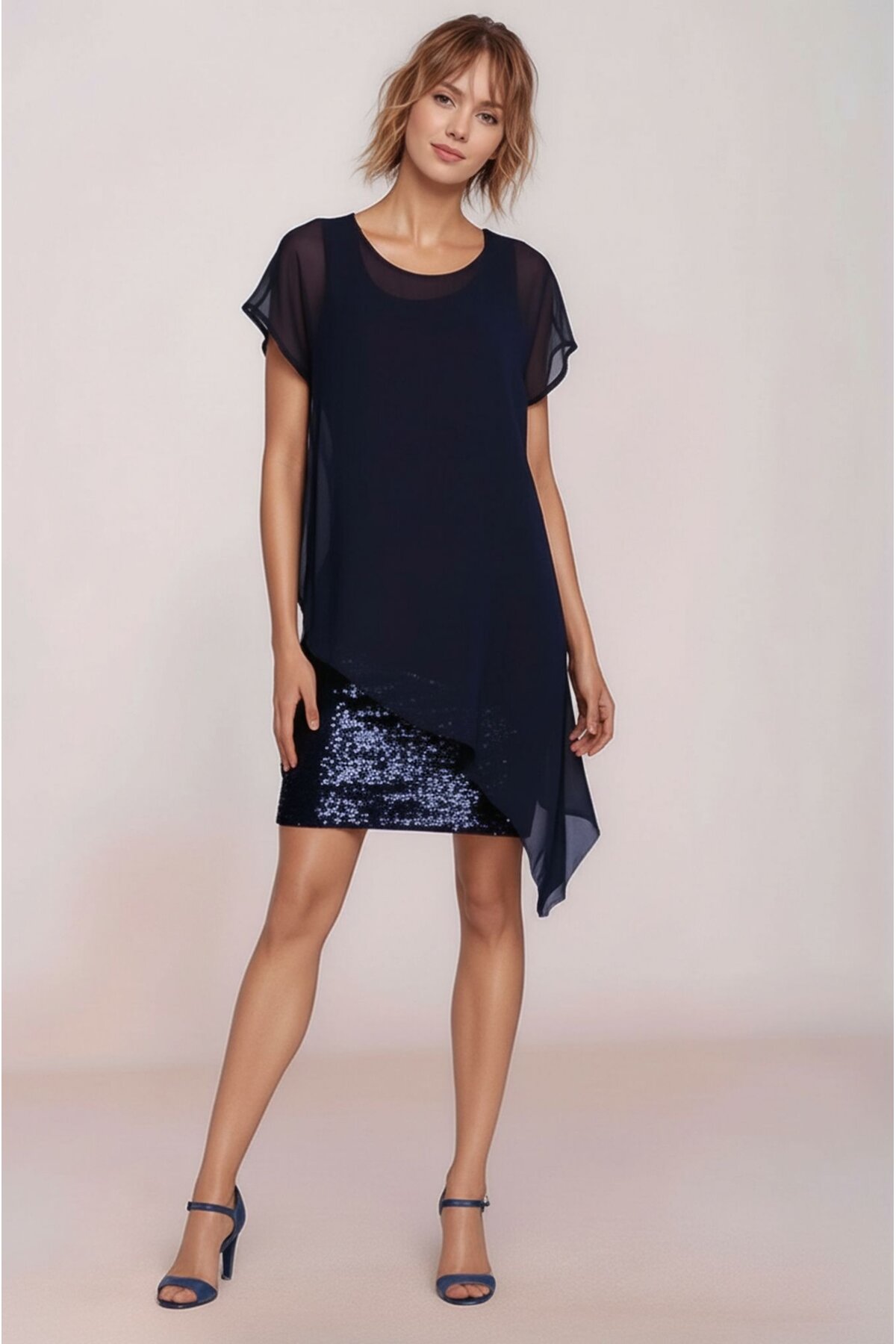 Kadın Eteği Pullu Üstü Şal Şifon Yakalı Şık Büyük Beden Yarım Kol Gece Abiye Elbise