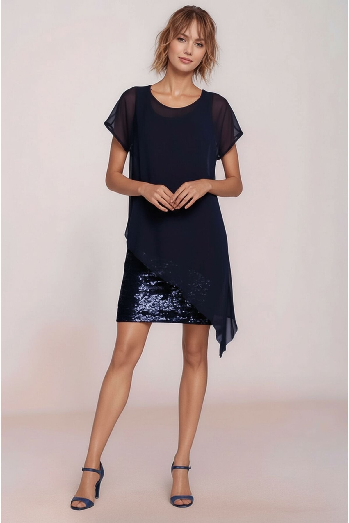 Kadın Eteği Pullu Üstü Şal Şifon Yakalı Şık Büyük Beden Yarım Kol Gece Abiye Elbise