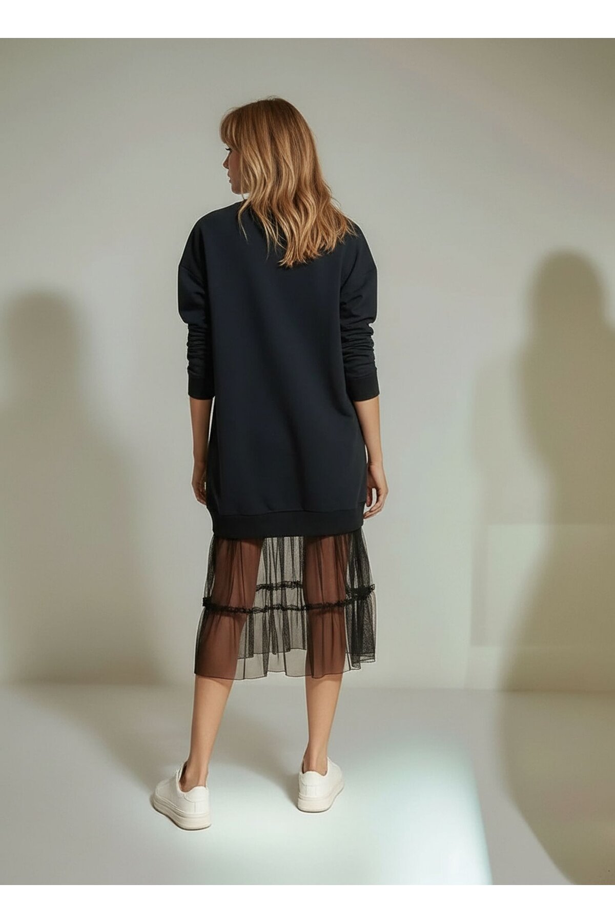 Kadın Eteği Tül Uzun Kol Pamuklu Spor Şık Sweat Curve Uzun Kol Büyük Beden Elbise