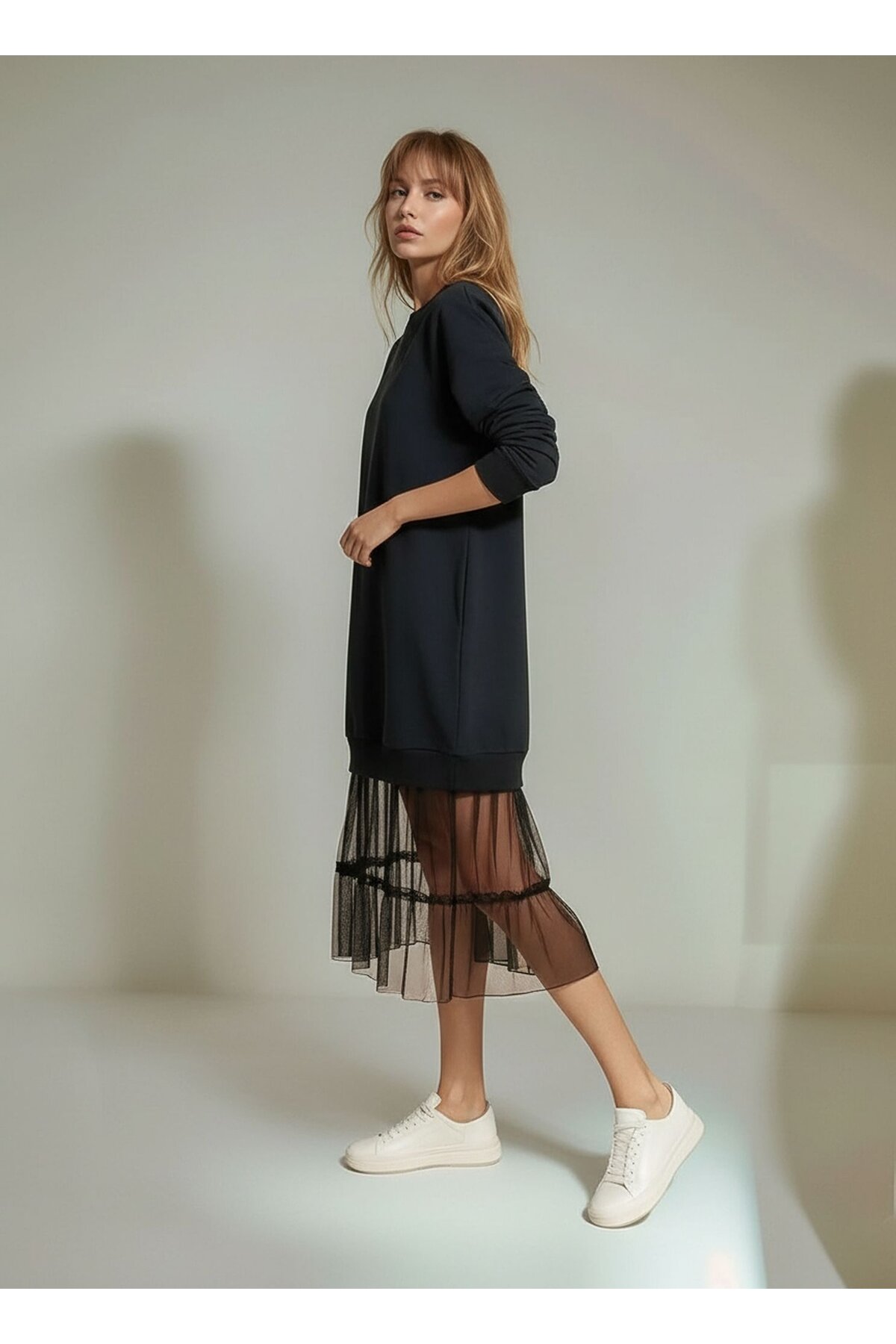 Kadın Eteği Tül Uzun Kol Pamuklu Spor Şık Sweat Curve Uzun Kol Büyük Beden Elbise